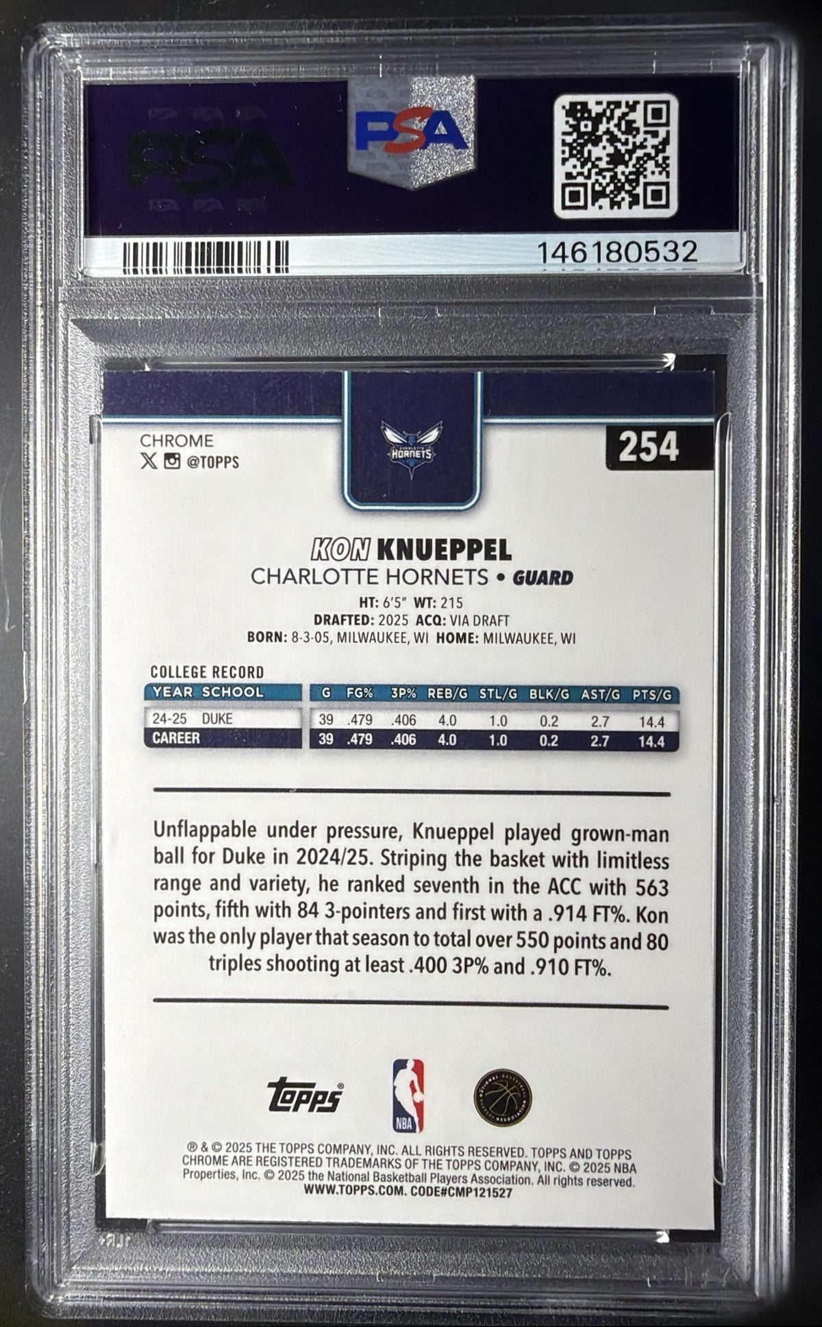 2025-26 Topps Chrome Kon Knueppel #254 RayWave Refractor RC PSA 9