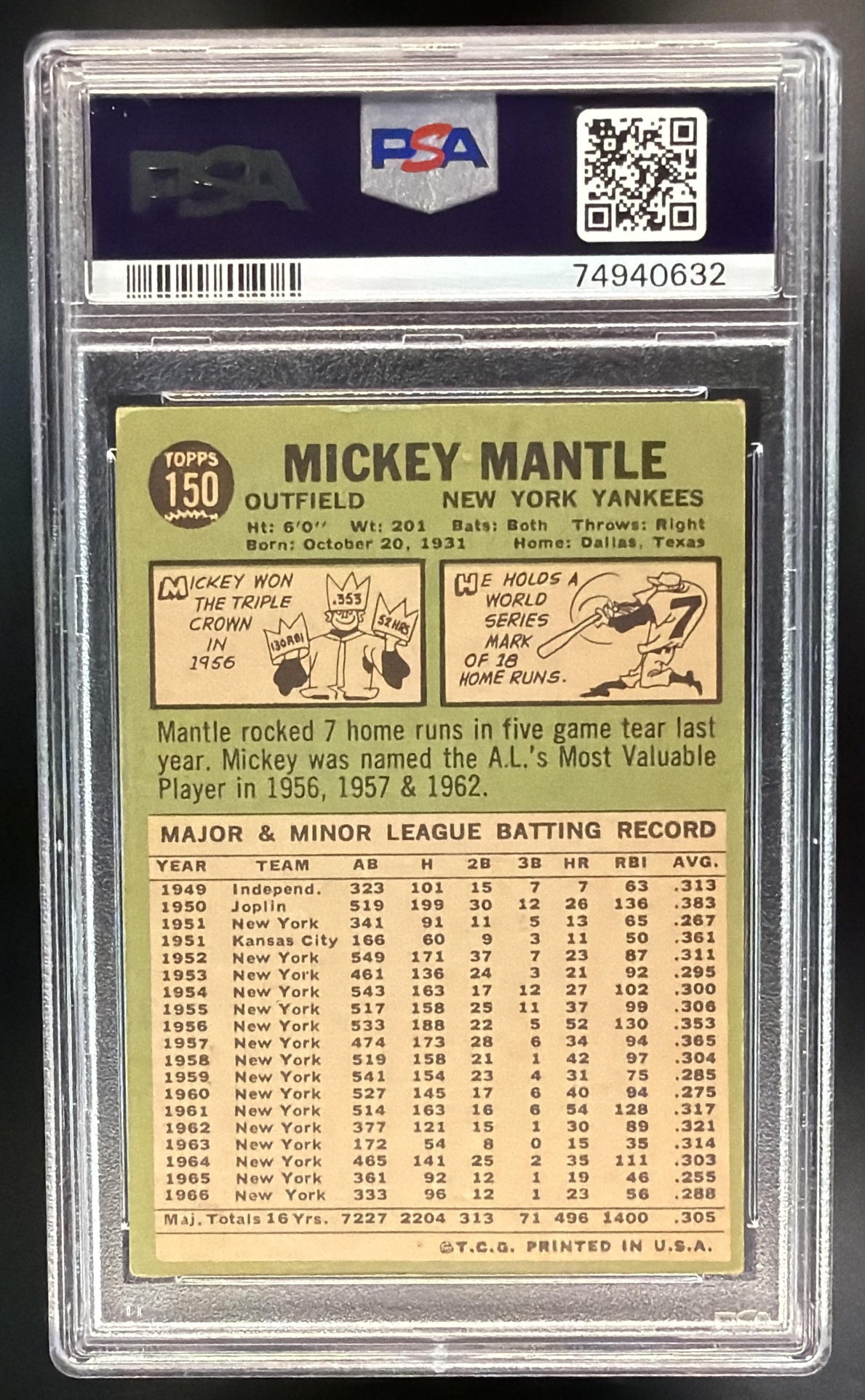 1967 Topps Mickey Mantle #150 PSA 3