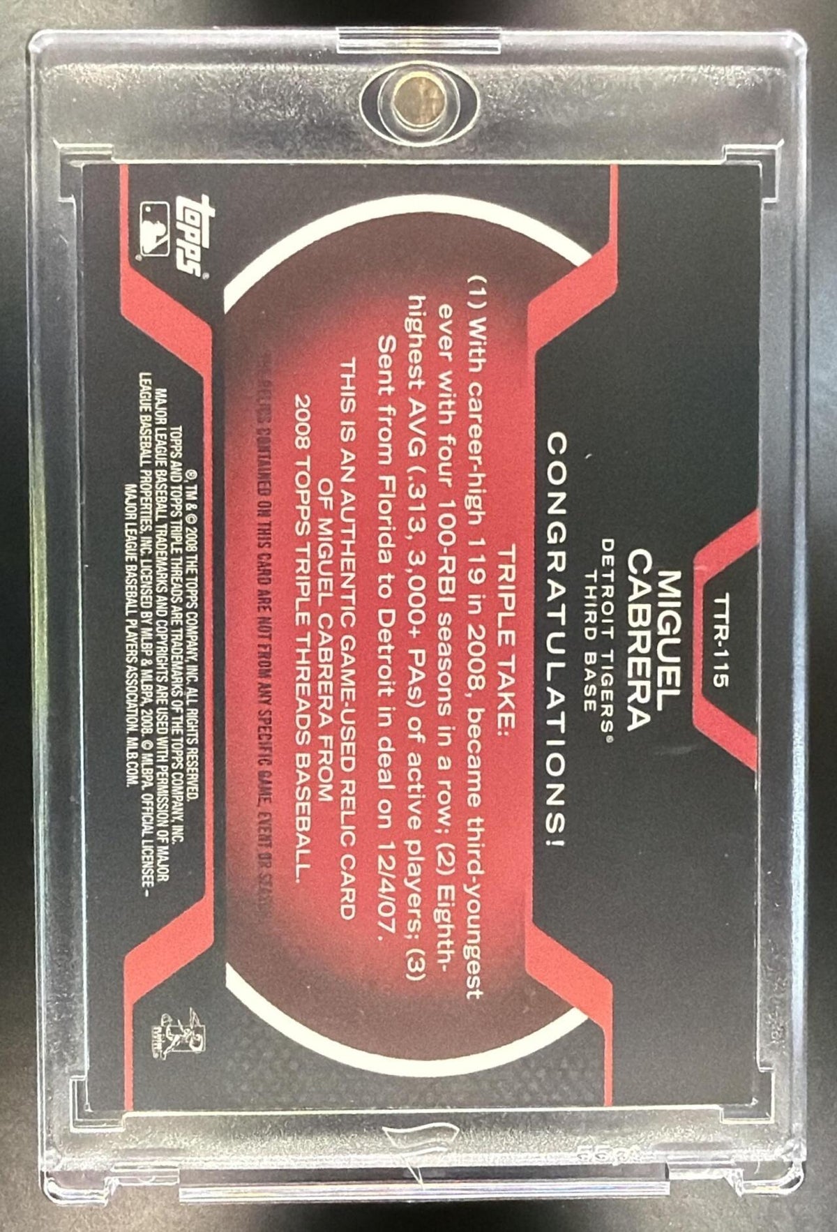 2008 Topps Triple Threads Miguel Cabrera #TTR-115 Relics /36 MEM