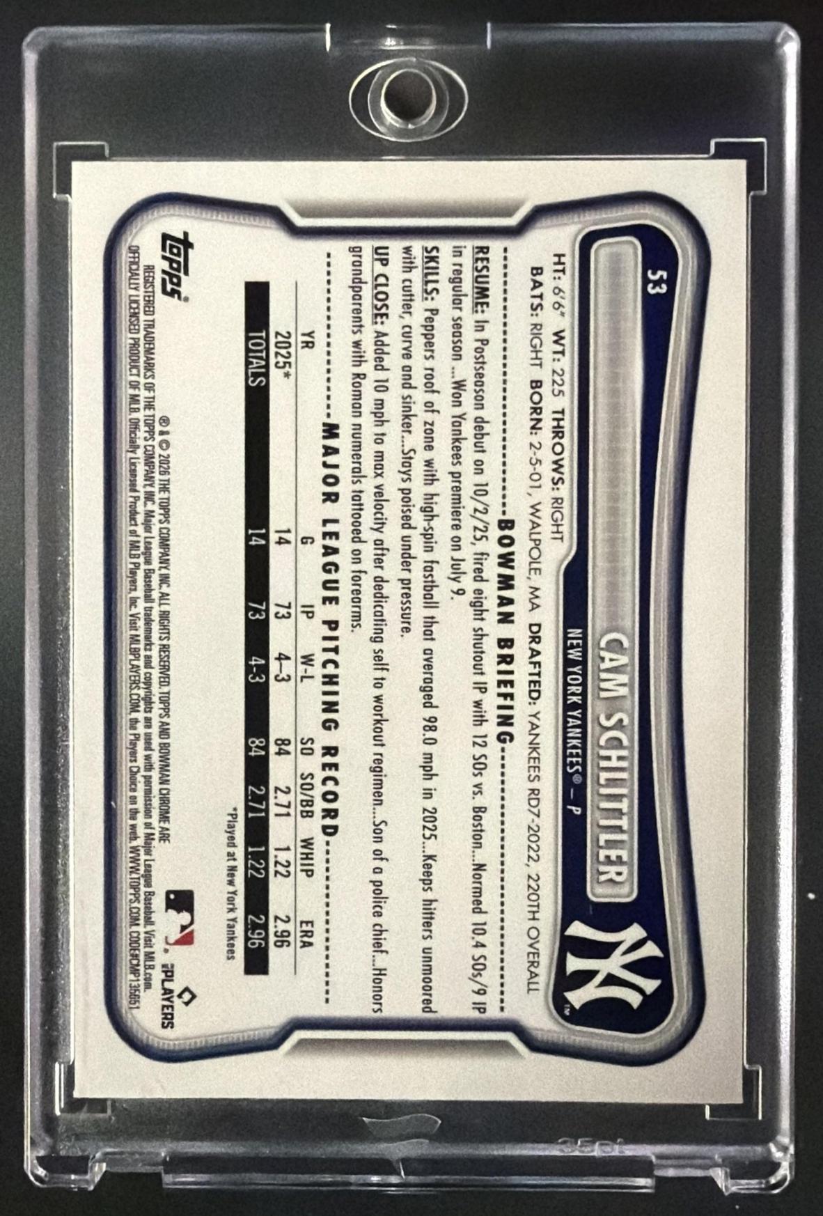 2026 Bowman Mega Box Cam Schlittler #53 Chrome Mojo /399 RC