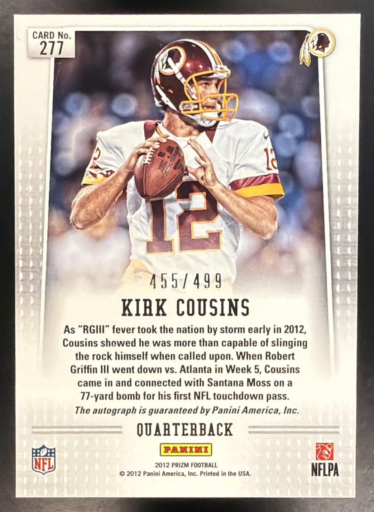 2012 Panini Prizm Kirk Cousins #277 Auto 455/499 RC