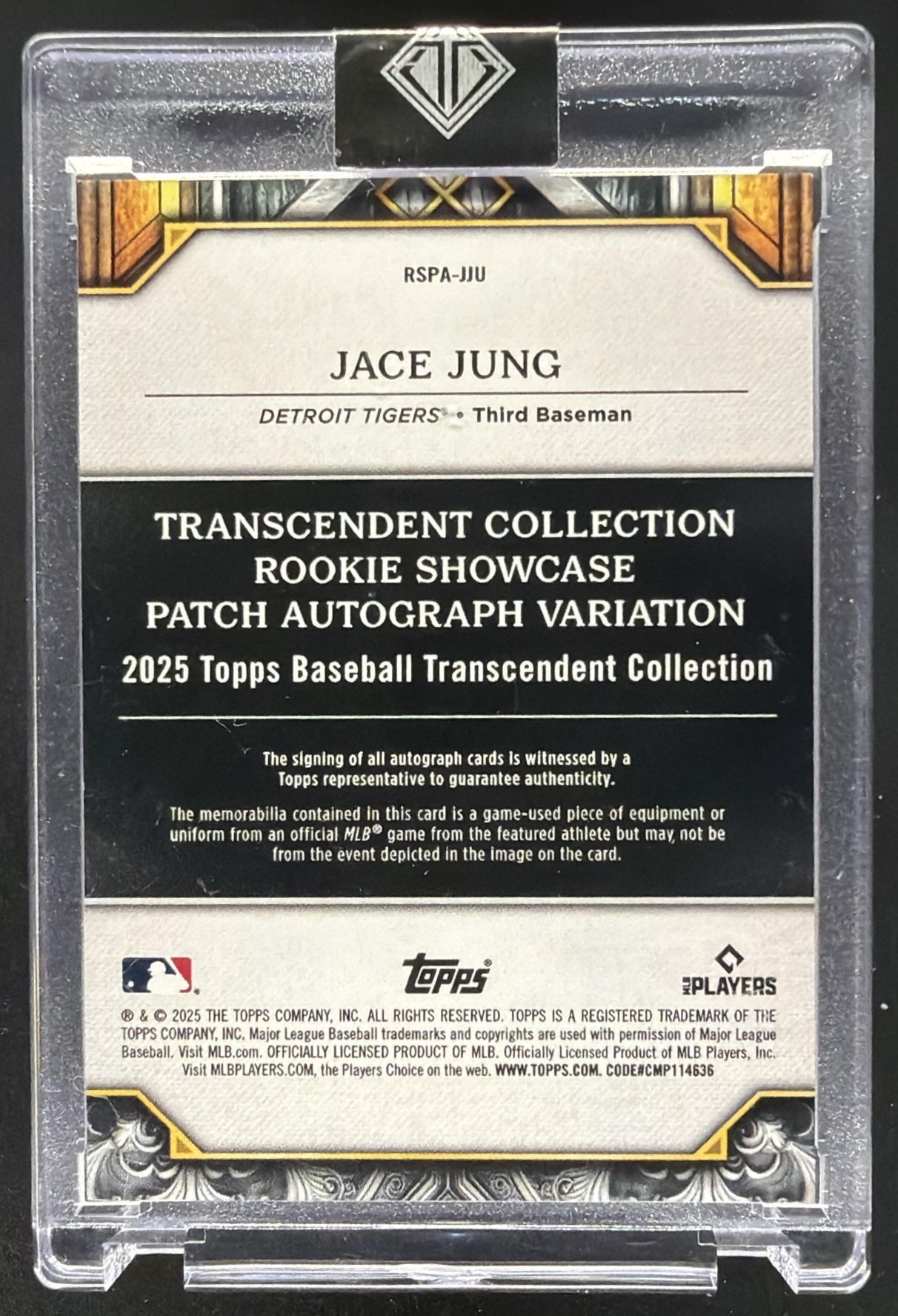 2025 Topps Transcendent Collection Jace Jung #RSPA-JJU Rookie Patch Auto Blue /10