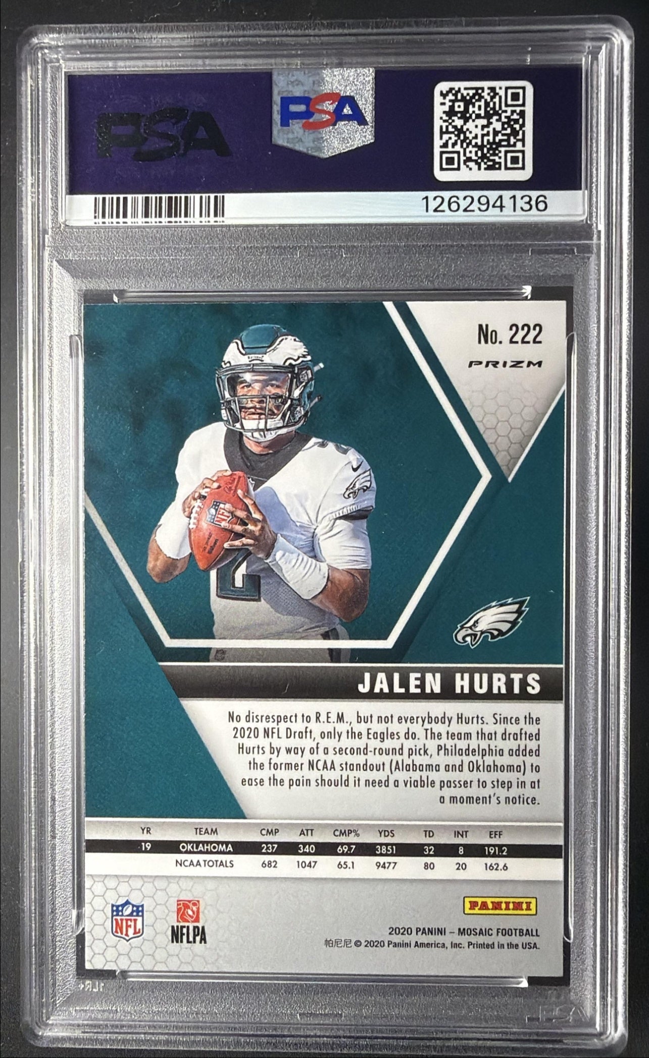 2020 Panini Mosaic Jalen Hurts #222 Prizm Camo Pink RC PSA 10