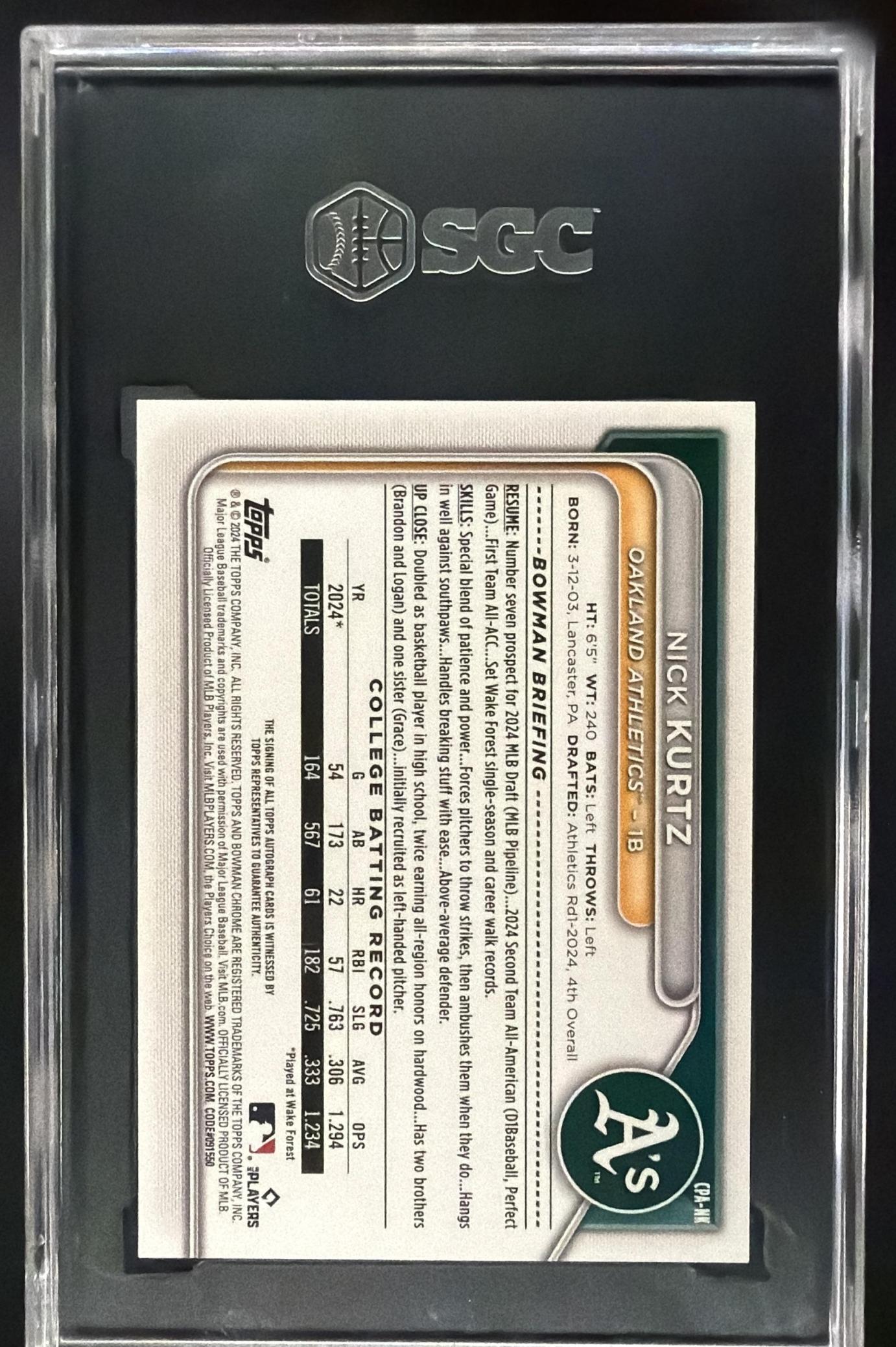 2024 Bowman Draft Nick Kurtz #CPA-NK Chrome Auto 1st Prospect SGC 9.5