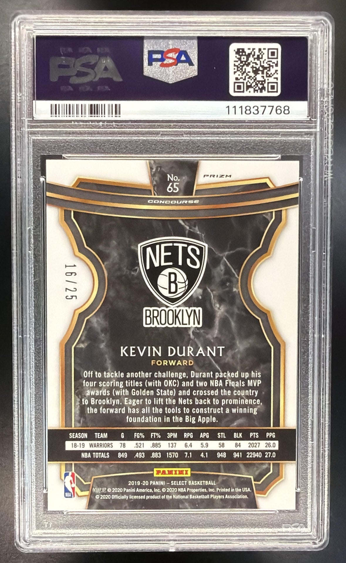 2019-20 Panini Select Kevin Durant #65 Tie Dye Prizms 16/25 Concourse PSA 10