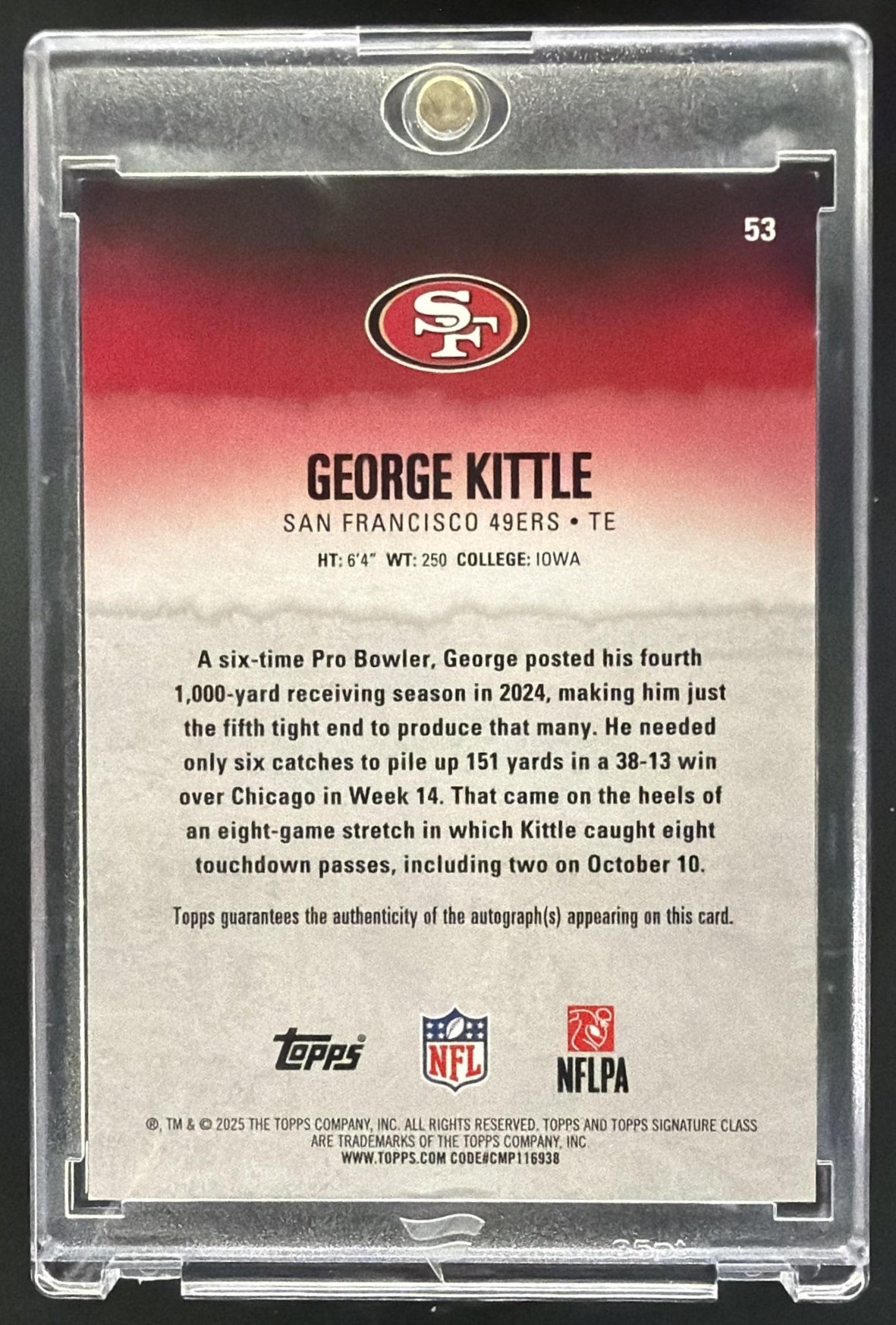 2025 Topps Signature Class George Kittle #53 Chrome Auto Orange Lava Refractor /50