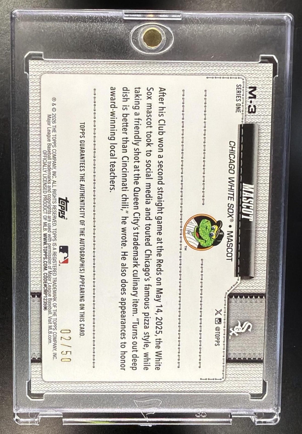 2026 Topps Series 1 #M-3 Mascots Auto Gold 2/50 White Sox Southpaw
