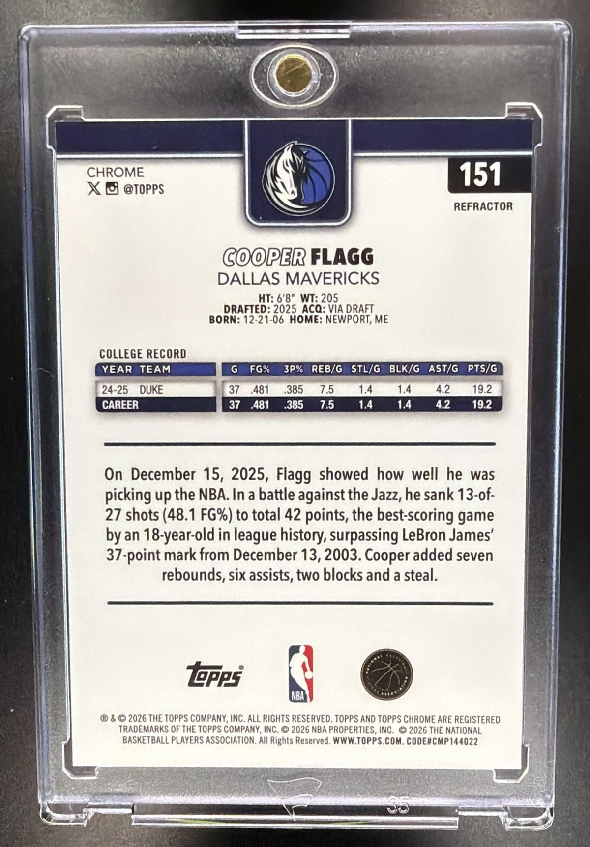 2025-26 Topps Chrome Update Cooper Flagg #151 Refractor RC Mavs