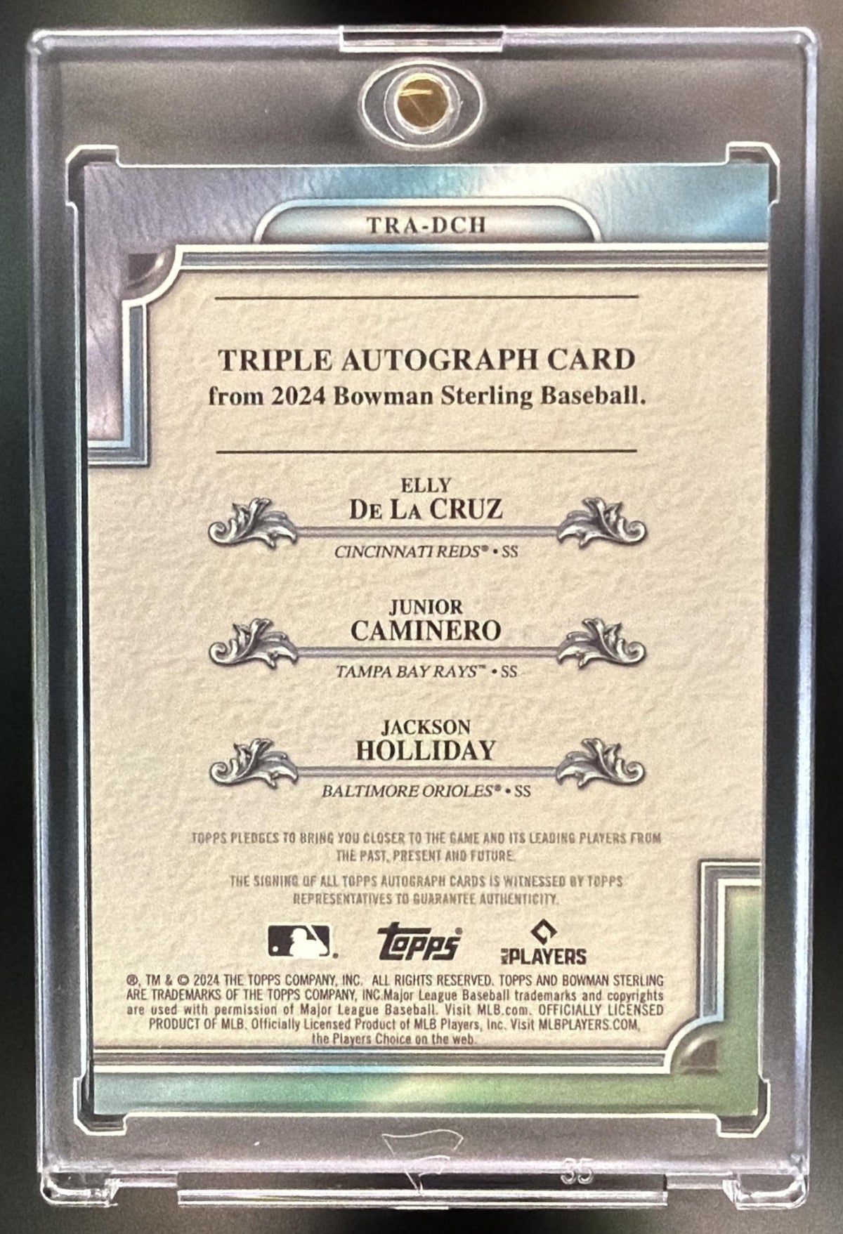2024 Bowman Sterling Jackson Holliday Junior Caminero Elly De La Cruz #TRA-DCH Triple Refractor Auto Black /10