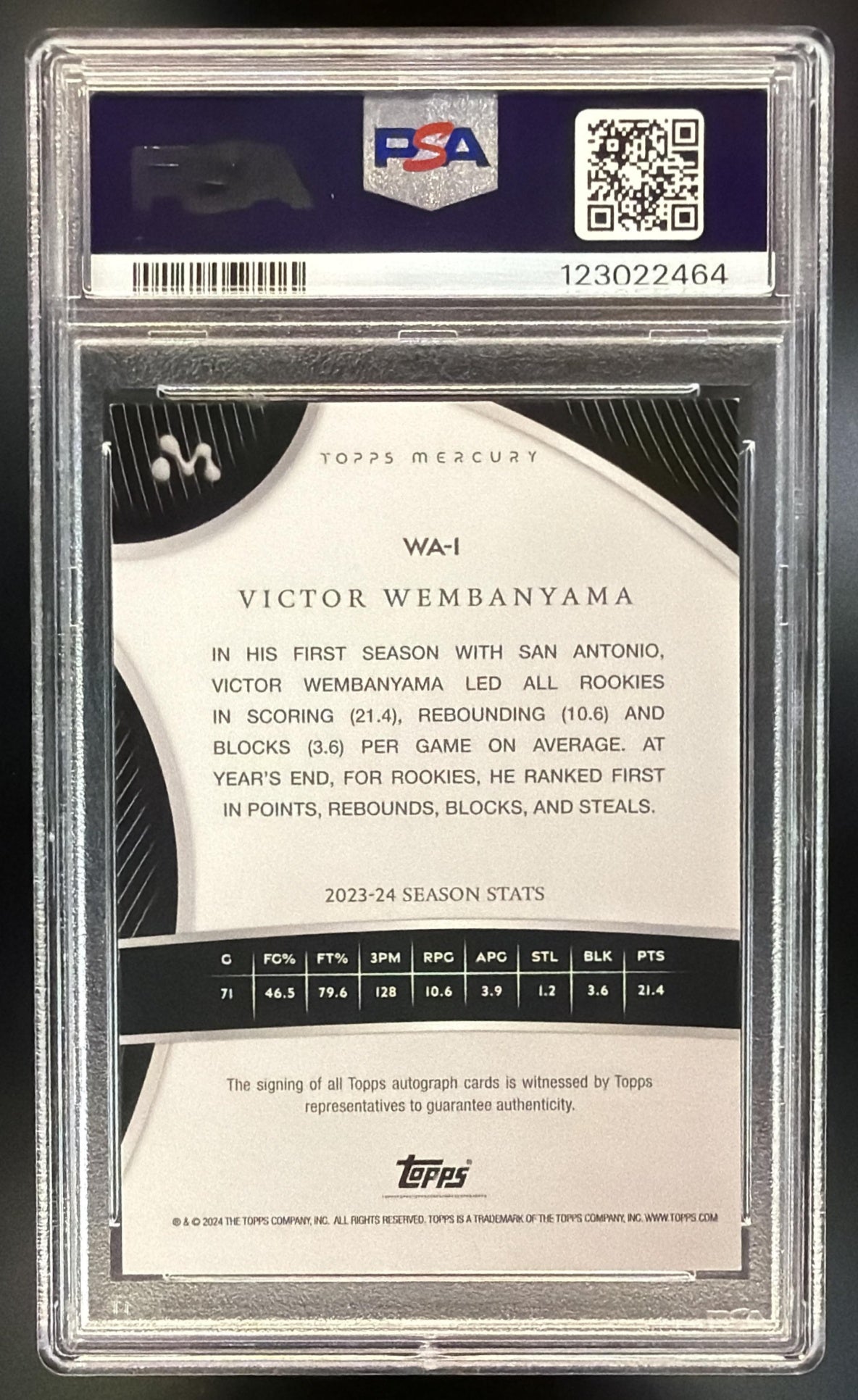 2023-24 Topps Mercury Victor Wembanyama #WA-1 Auto Blue Refractor /75 RC PSA 8