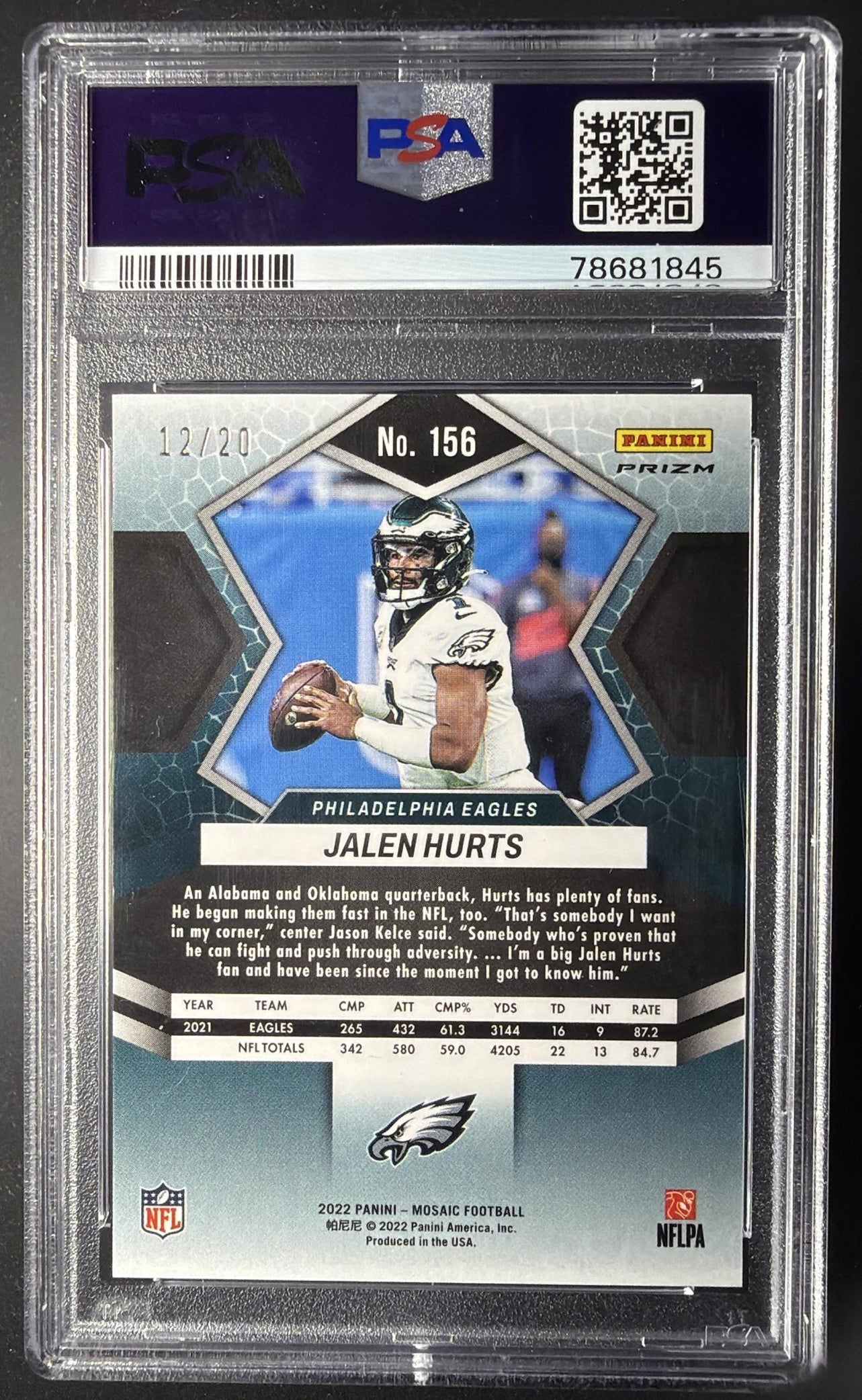 2022 Panini Mosaic Jalen Hurts #156 Mosaic No Huddle Pink 12/20 PSA 9