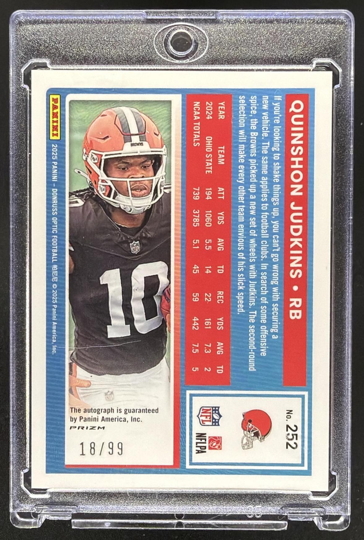 2025 Panini Donruss Optic Quinshon Judkins #252 Rated Rookie RPS Auto Red Prizm /99