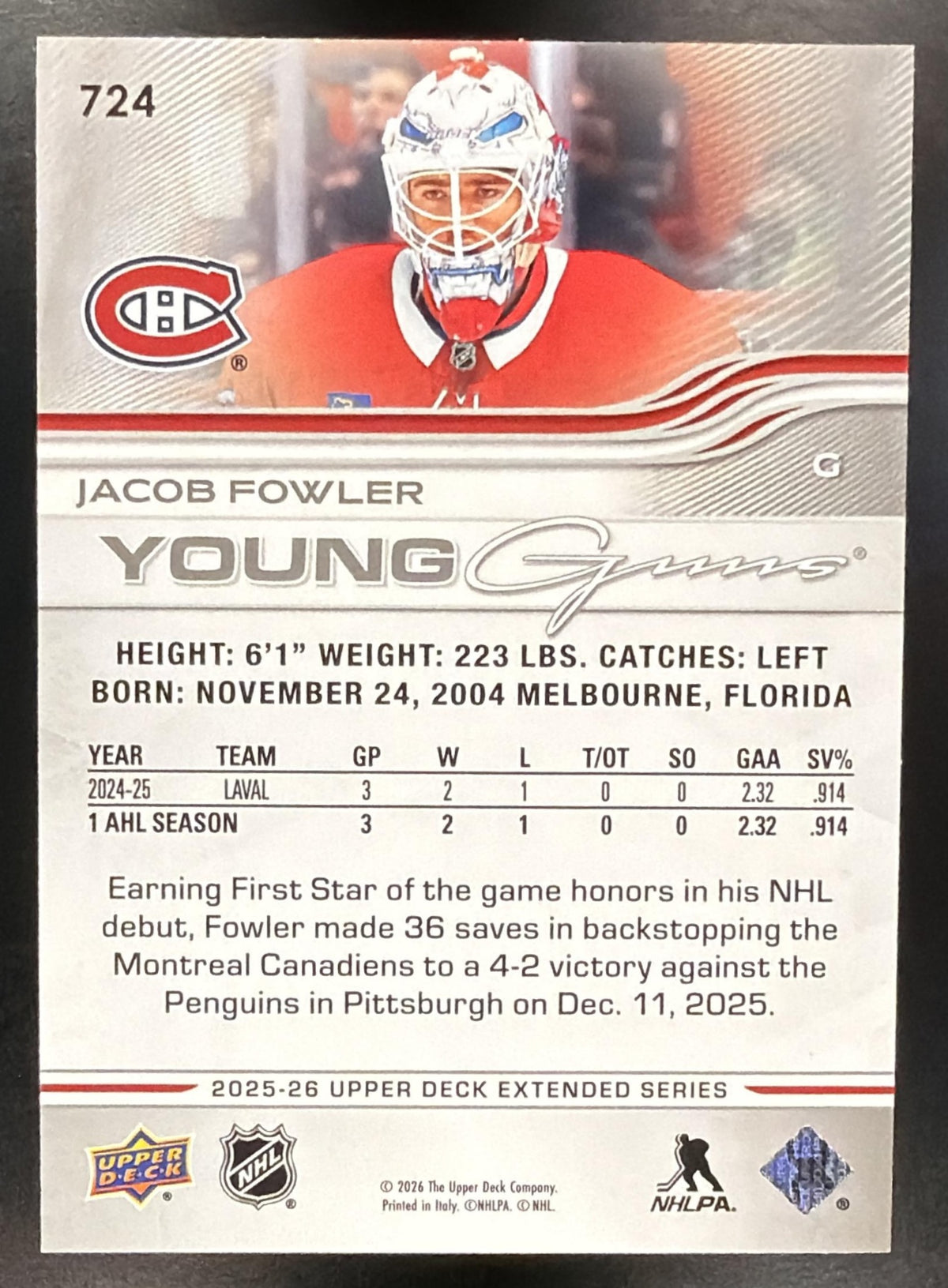 2025-26 Upper Deck Extended Series Jacob Fowler #724 Outburst Young Guns RC