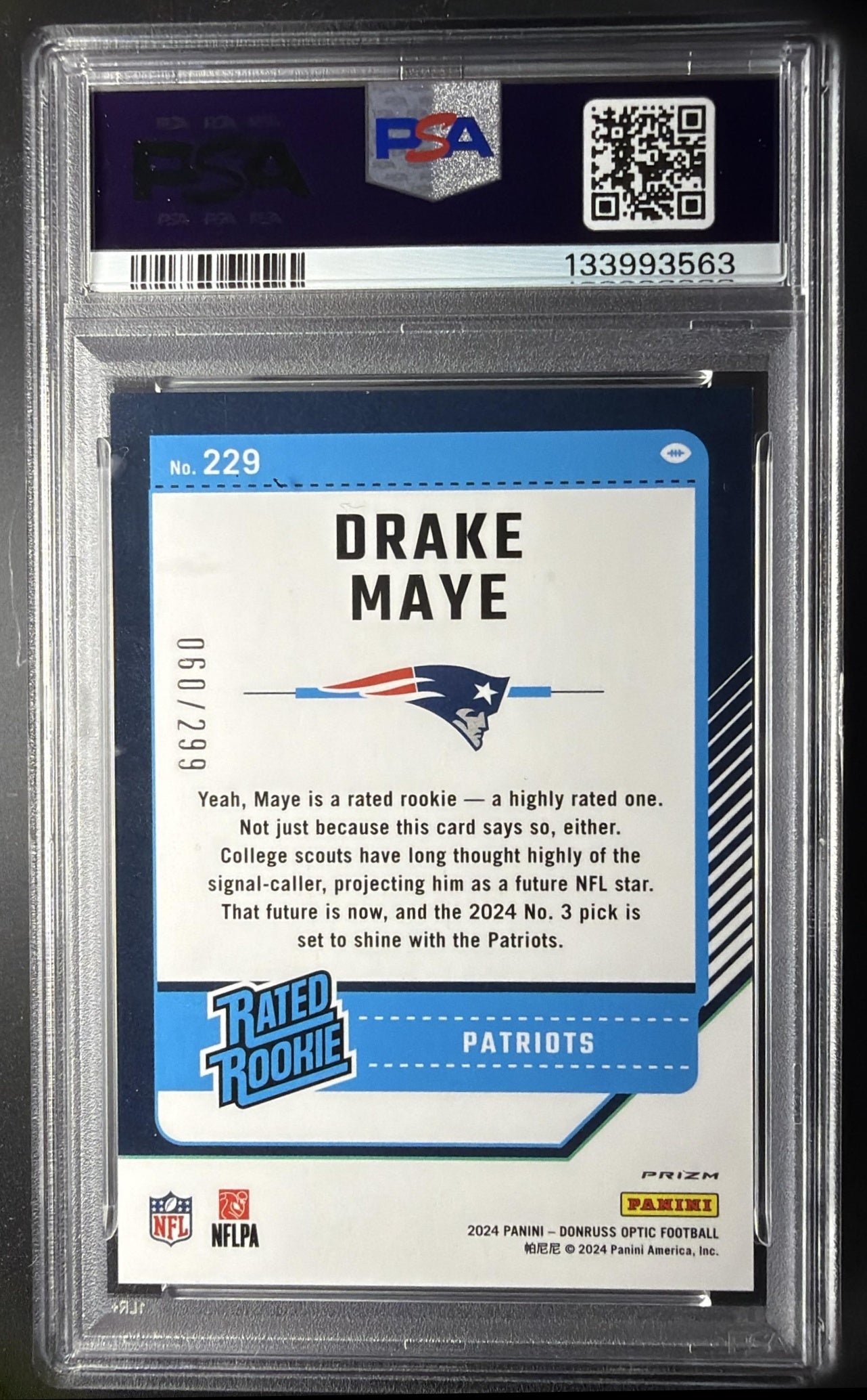 2024 Panini Donruss Optic Drake Maye #229 Aqua 60/299 Rated Rookie PSA 9