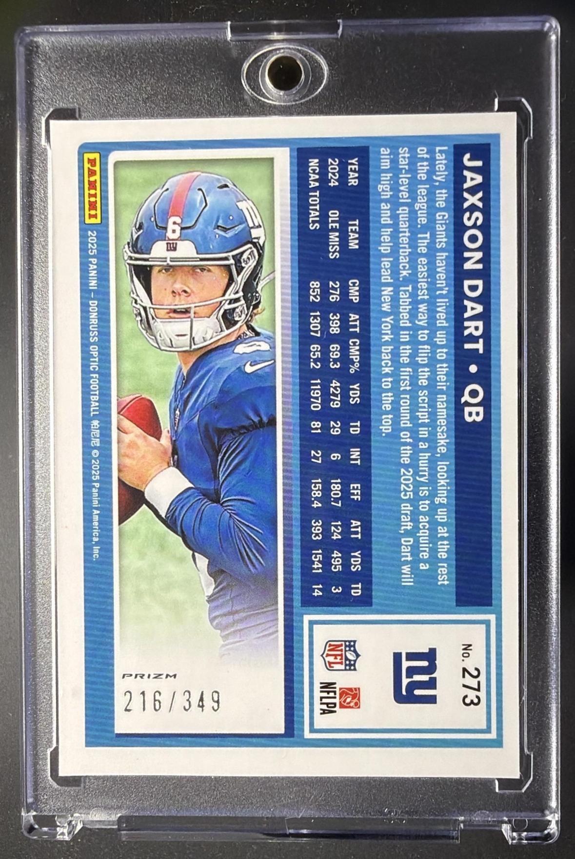 2025 Panini Donruss Optic Jaxson Dart #273 Rated Rookie Aqua Prizm 216/349