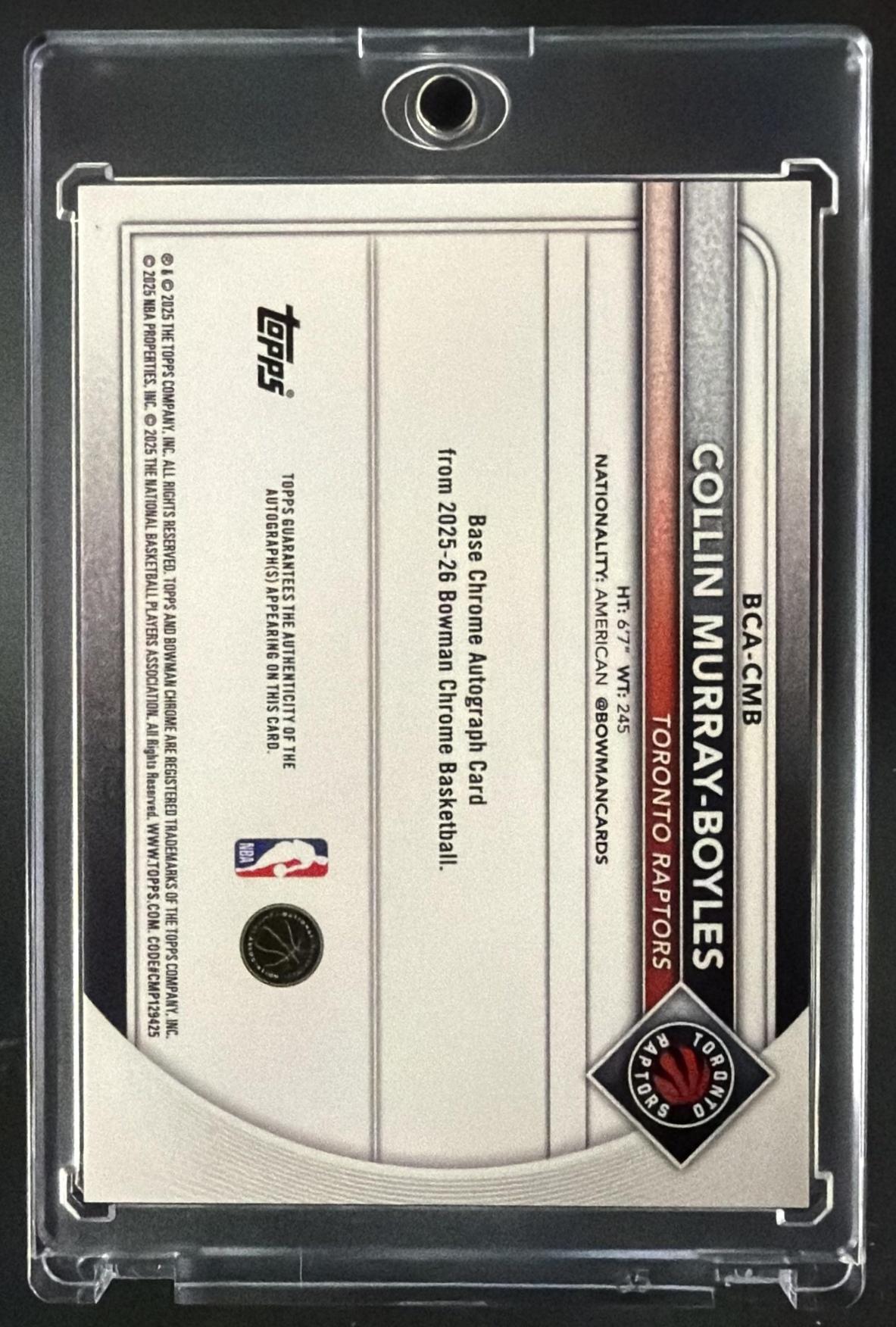 2025-26 Bowman Collin Murray-Boyles #BCA-CMB Chrome Auto RC Black Sapphire /10