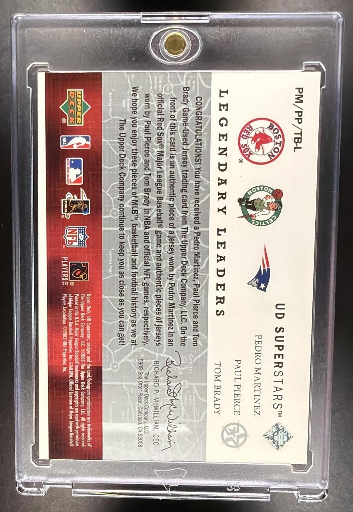 2002 Upper Deck SuperStars Pedro Martinez Tom Brady #PM/TB-L Legendary Leaders Dual Jersey MEM