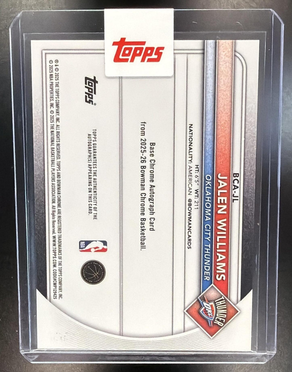 2025 Bowman Sapphire Jalen Williams #BCA-JL Chrome Auto Gold Refractor 24/50
