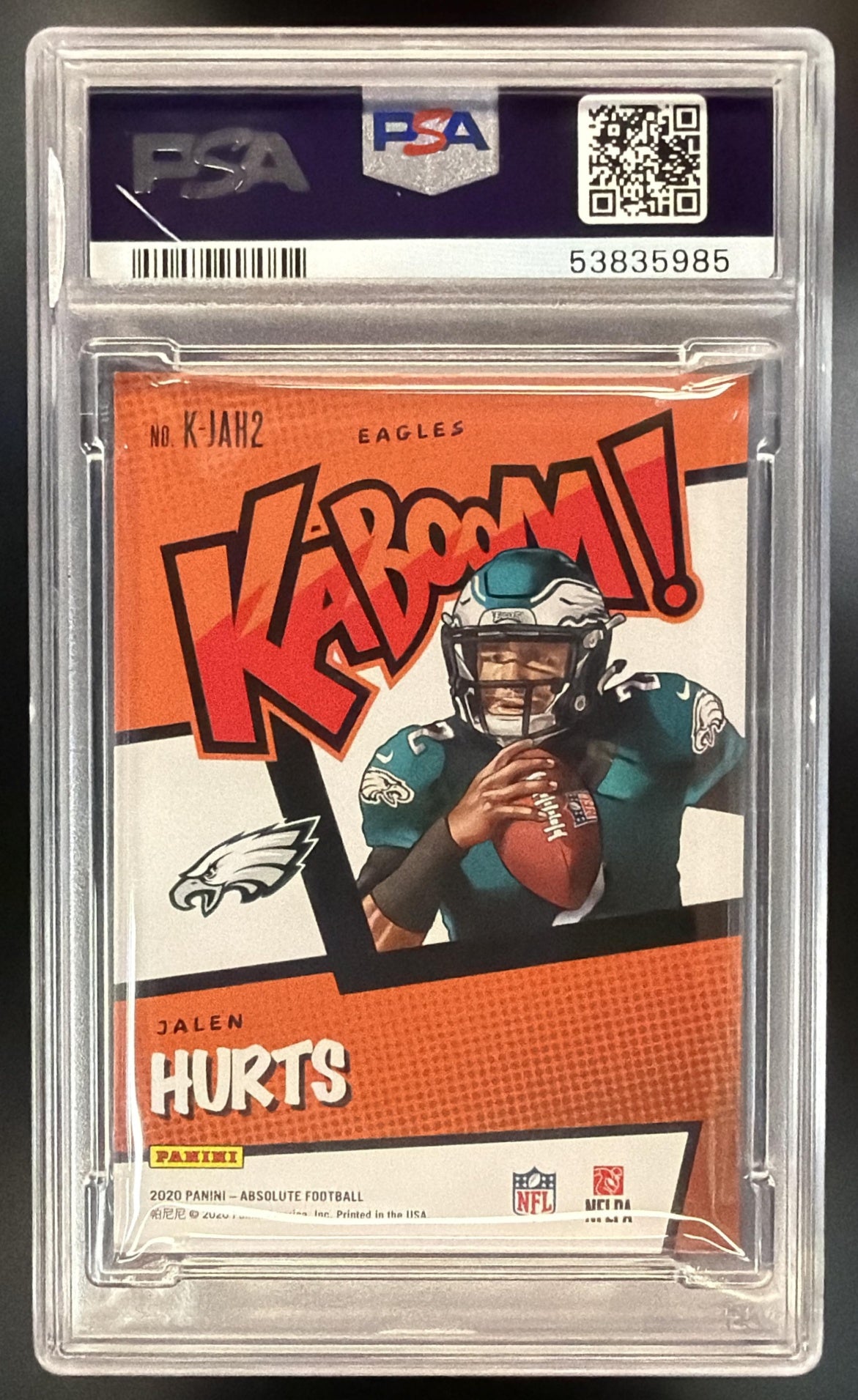 2020 Panini Absolute Jalen Hurts #K-JAH2 Kaboom SSP RC PSA 9