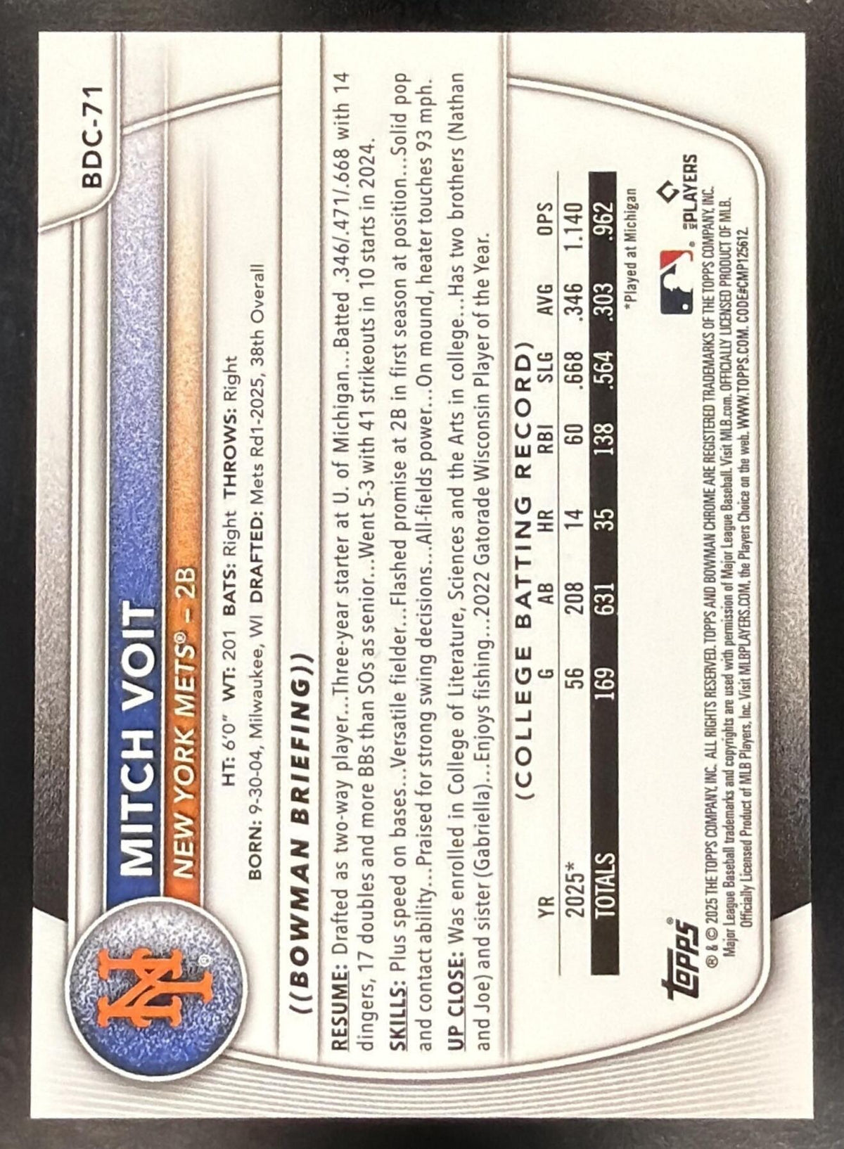 2025 Bowman Draft Baseball Mitch Voit #BDC-71 1st Logofractor 18/35