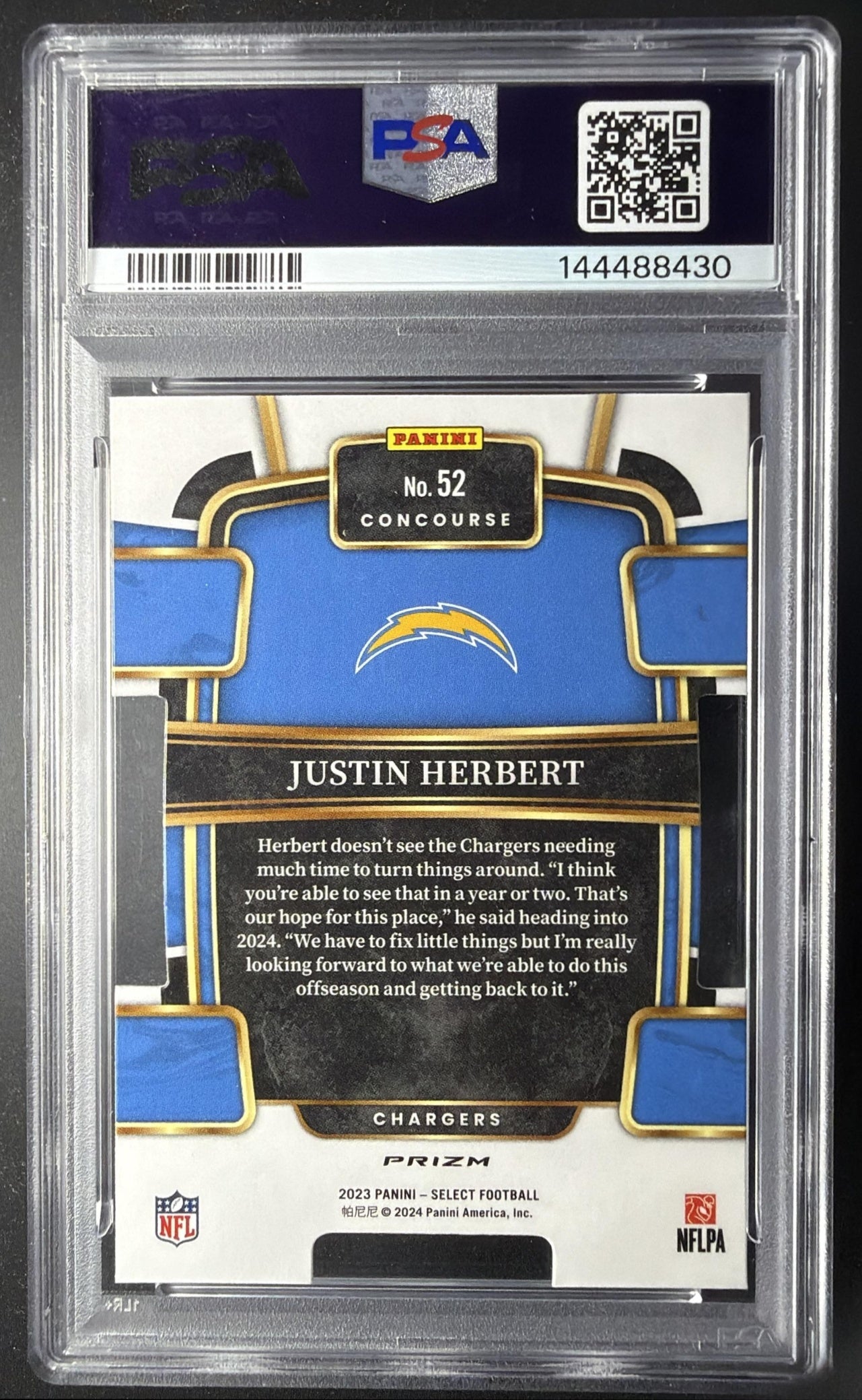 2023 Panini Select Justin Herbert #52 Zebra Prizm SSP Concourse PSA 10