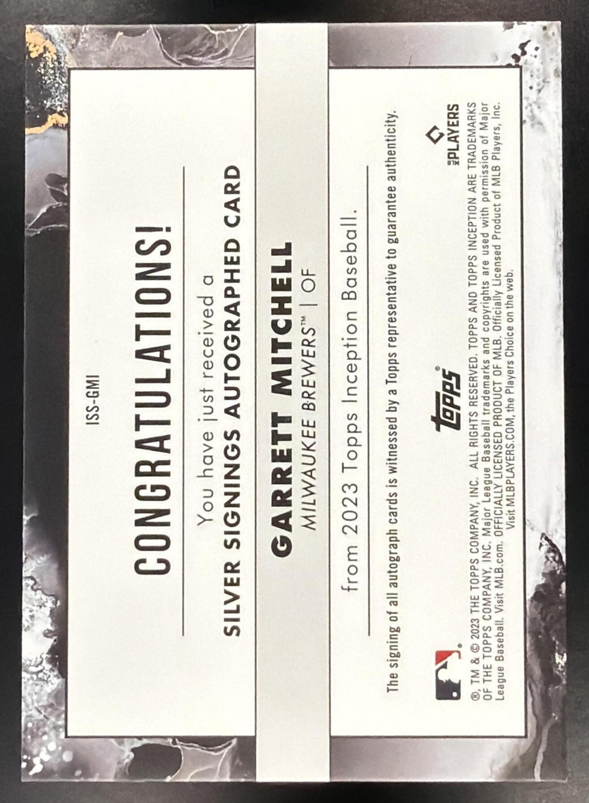 2023 Topps Inception Garrett Mitchell #ISS-GMI Silver Signings Gold Ink 5/25 RC Auto