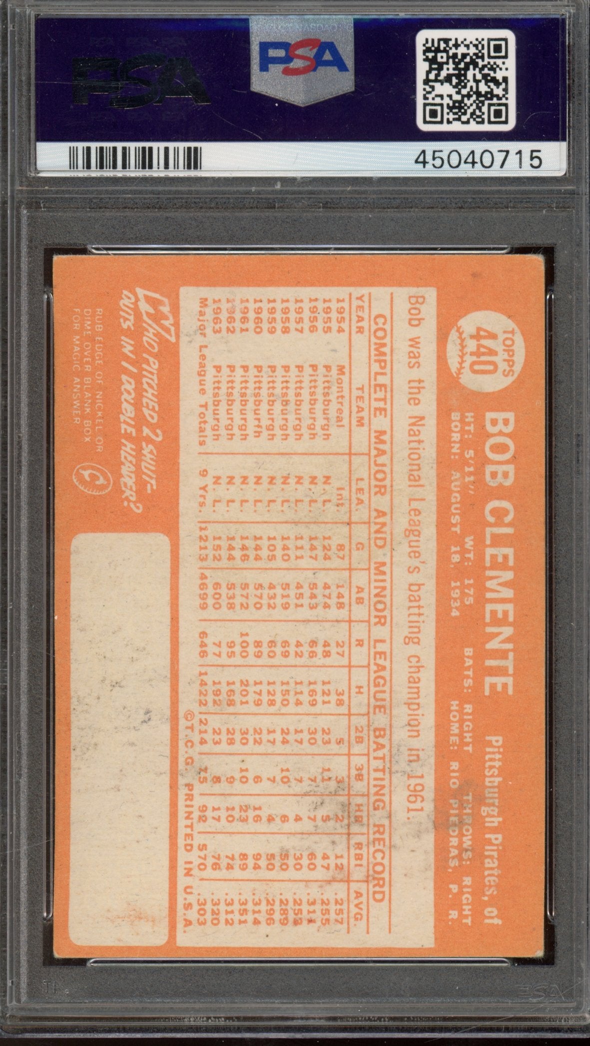 1964 Topps Roberto Clemente PSA 4 Nicely Centered