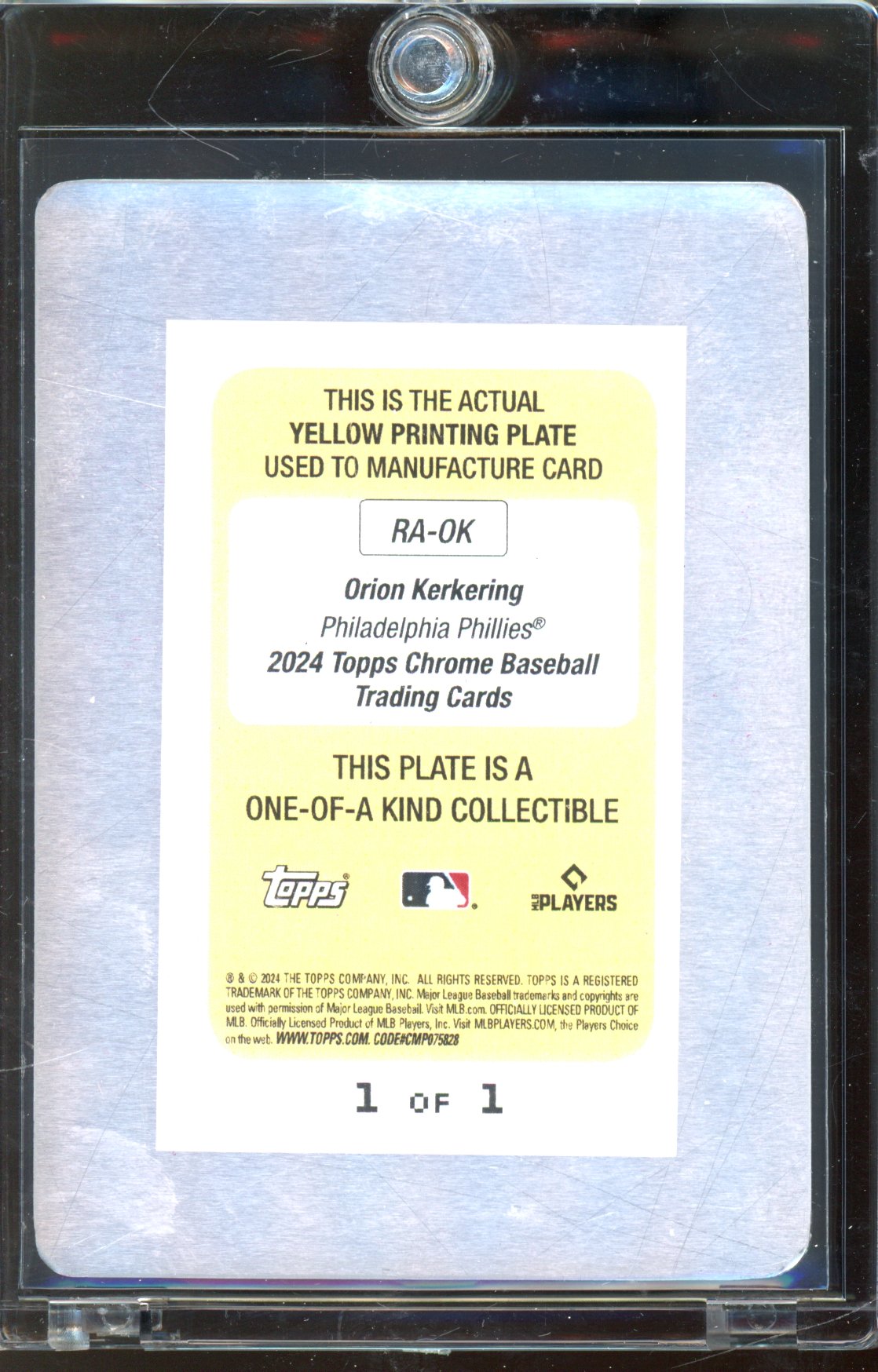 2024 Topps Chrome Orion Kerkering Yellow Printing Plate Auto 1/1 RC