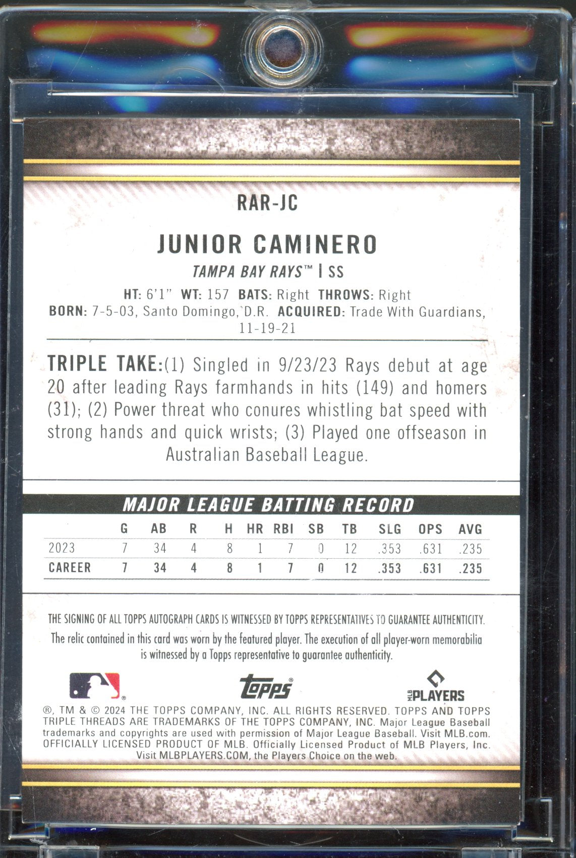 2024 Triple Threads Junior Caminero Jersey Auto 19/35 RC