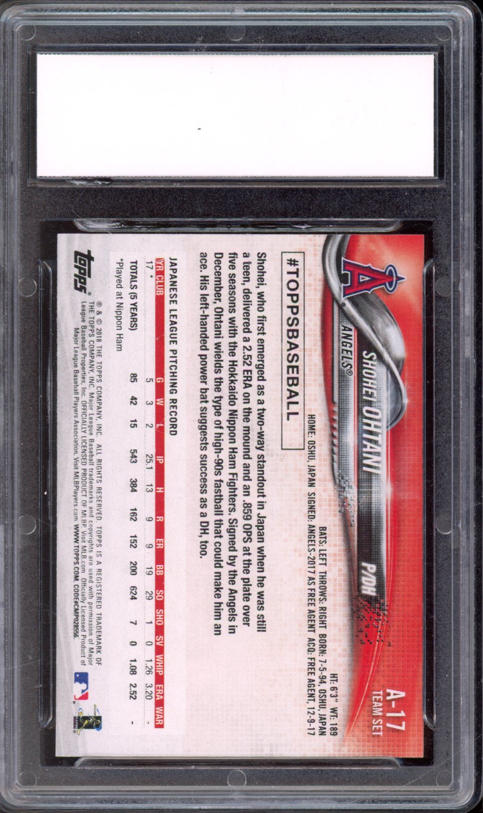 2018 Topps Shohei Ohtani A-17 Rookie PGI 10