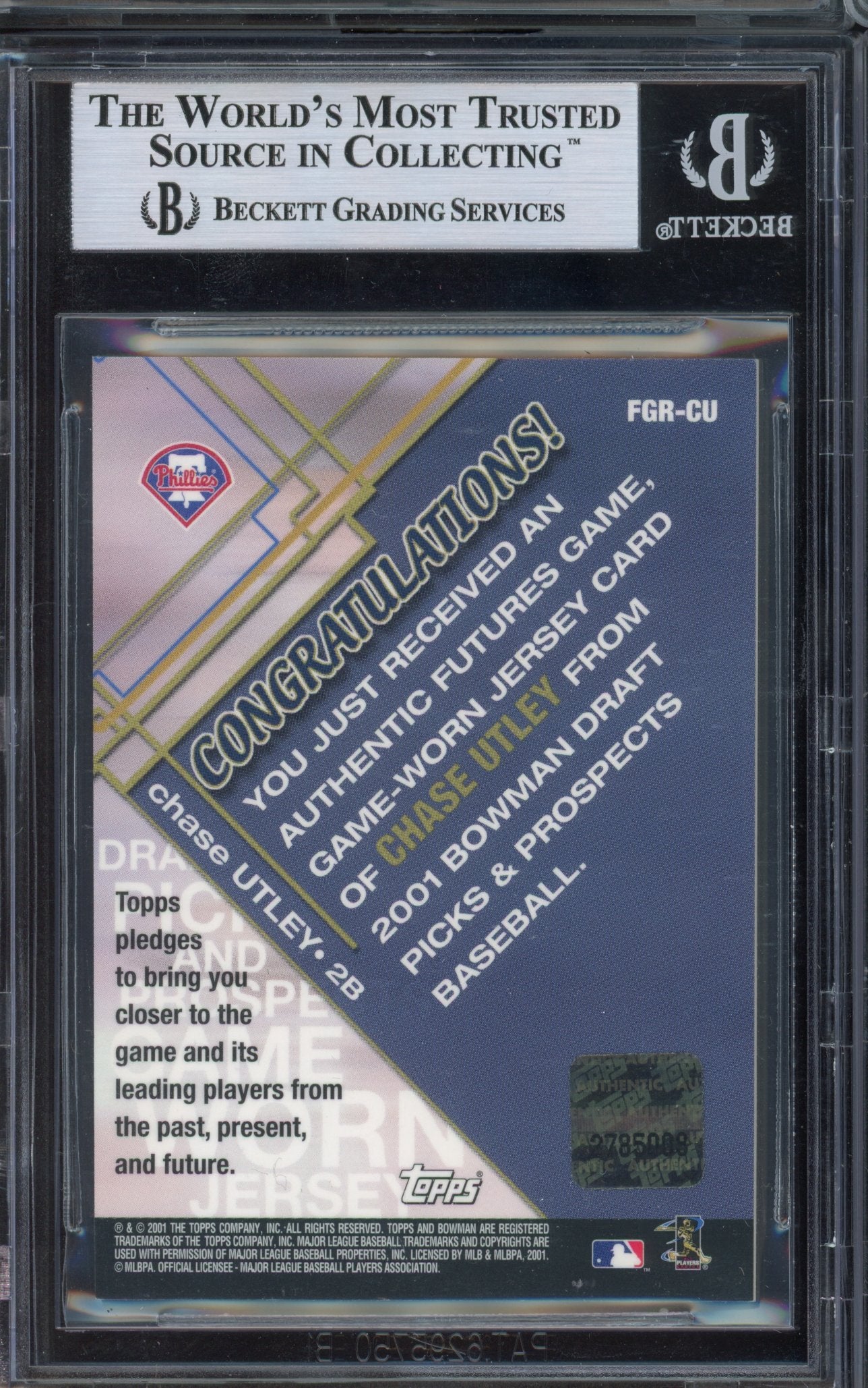2001 Bowman Draft Chase Utley Futures Game Jersey BGS 8.5