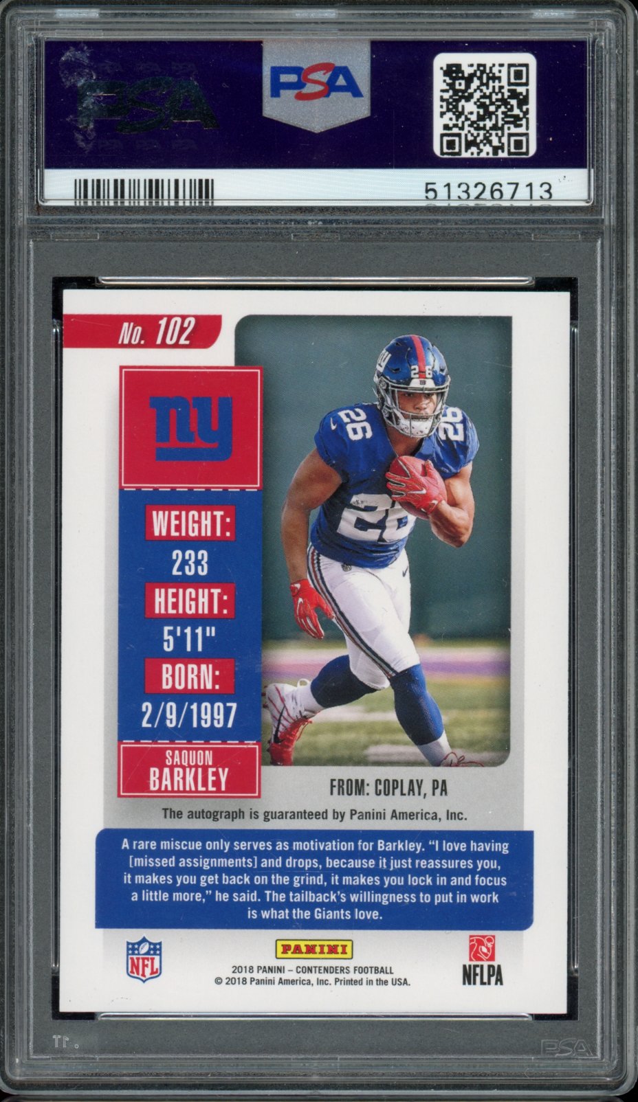 2018 Contenders Saquon Barkley Rookie Ticket Auto PSA 10