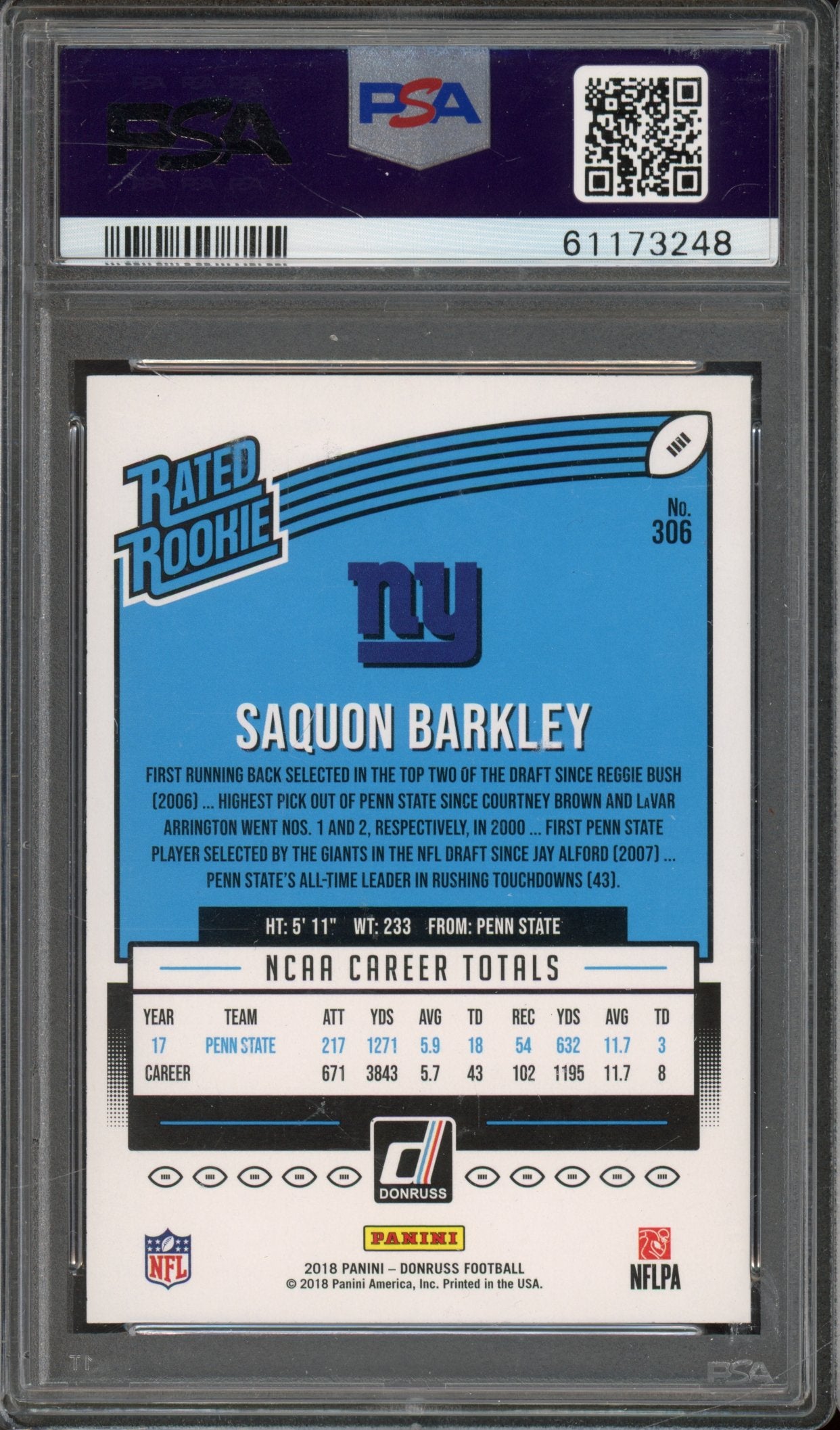 2018 Donruss Saquon Barkley PSA 10 RC