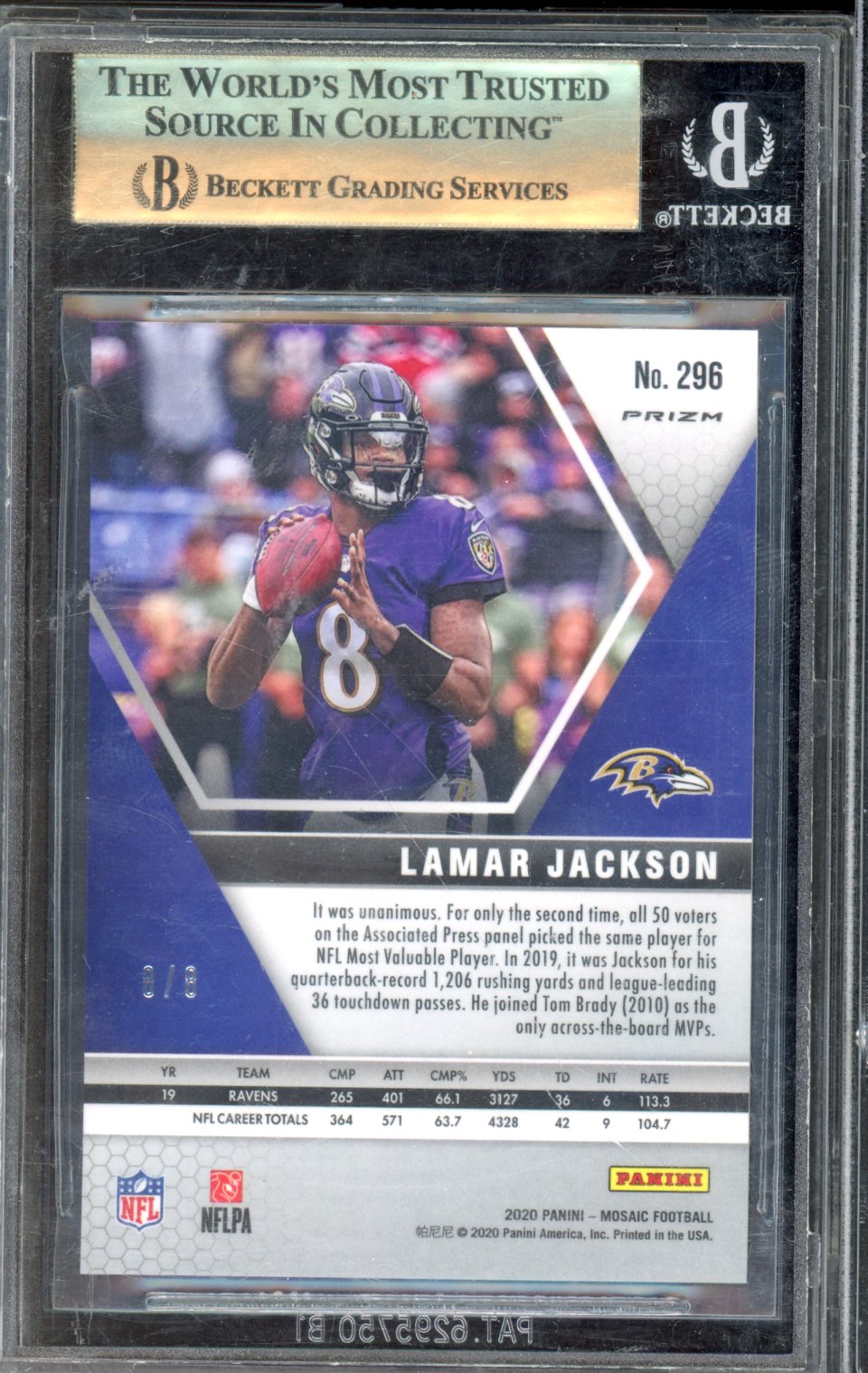 2020 Mosaic Lamar Jackson Black Gold Choice /8 BGS 9.5