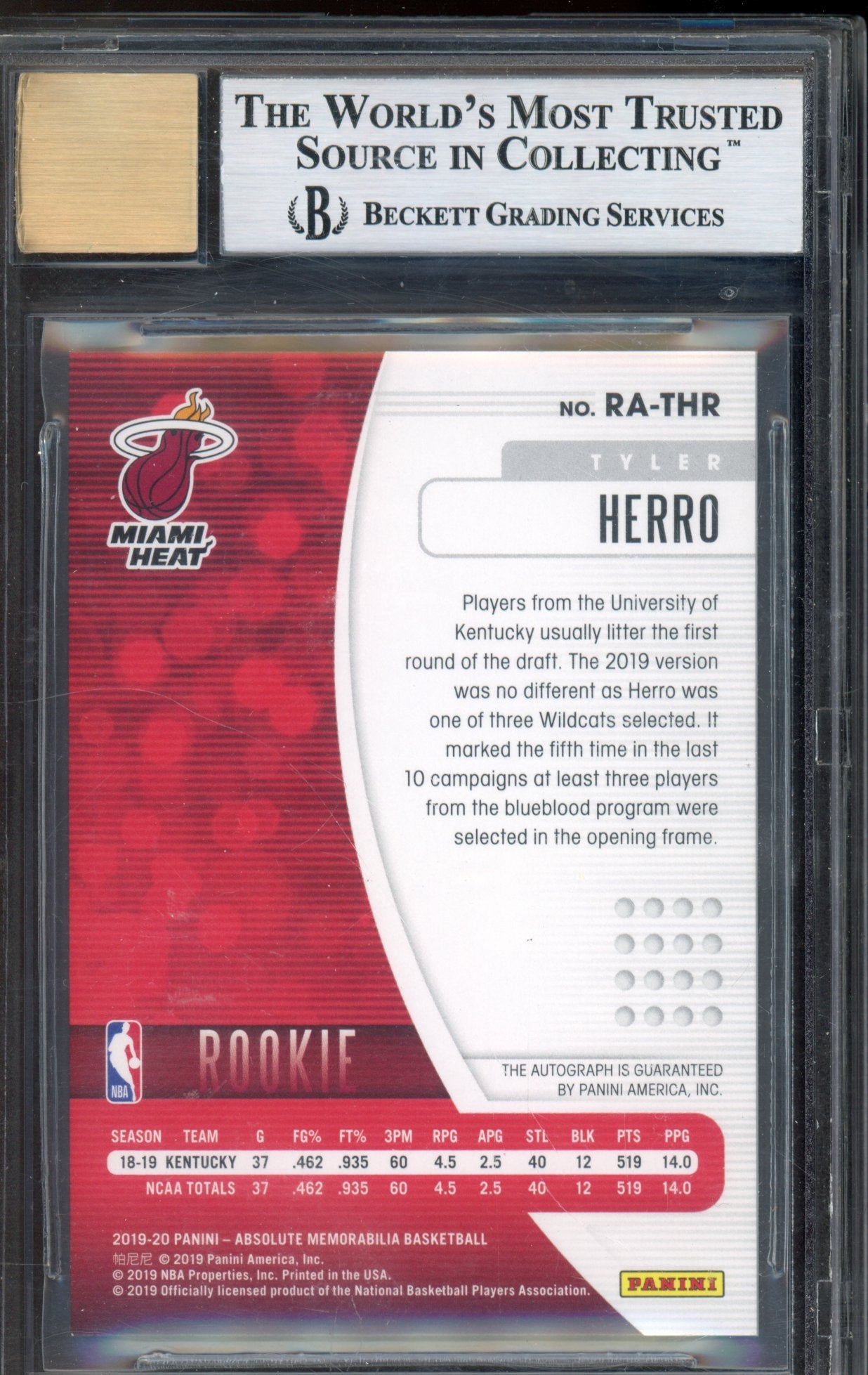 2019-20 Absolute Tyler Herro Level 1 Rookie Auto BGS 8.5/10