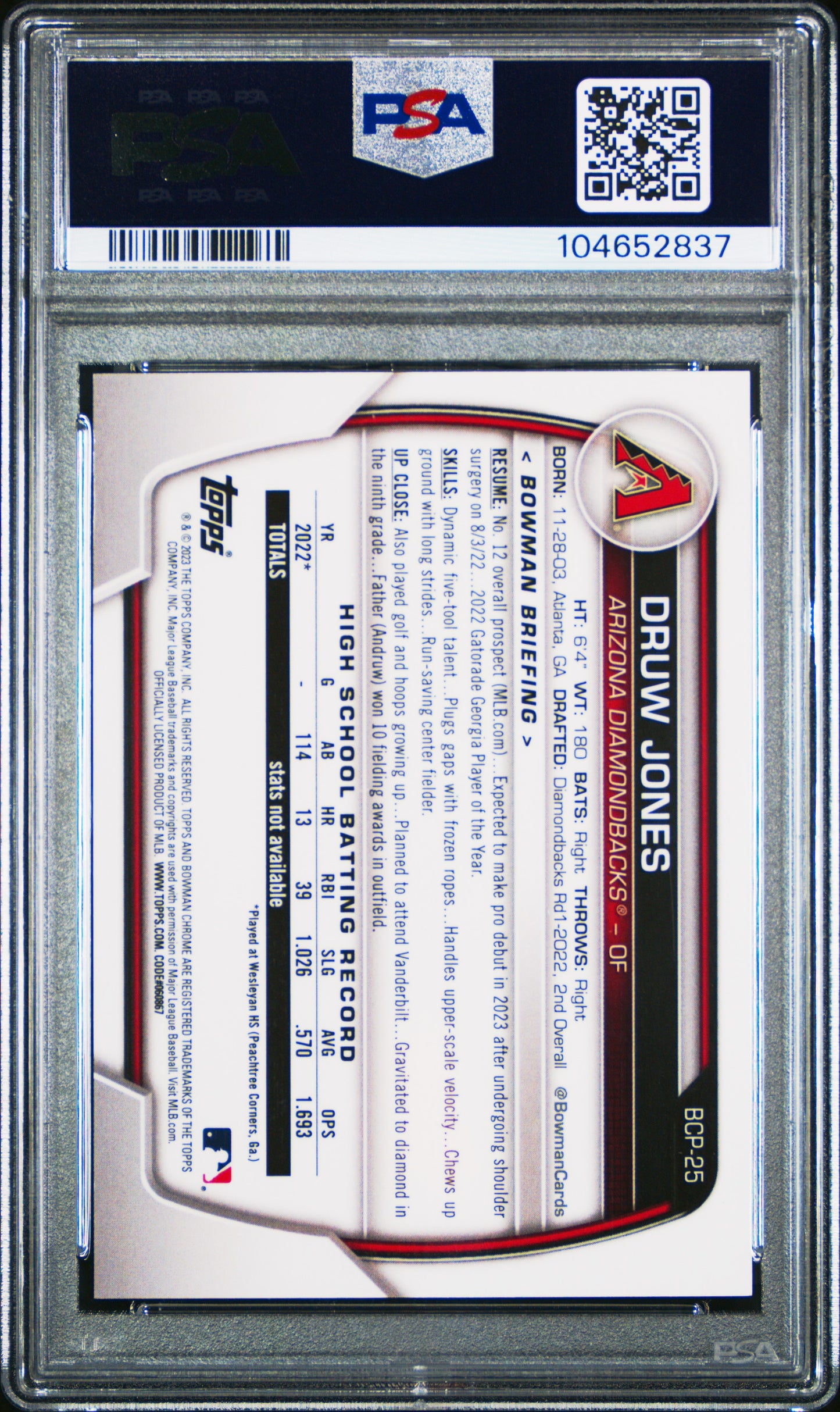 2023 Bowman Chrome Druw Jones Mega Box Aqua Refractor 102/225 PSA 10
