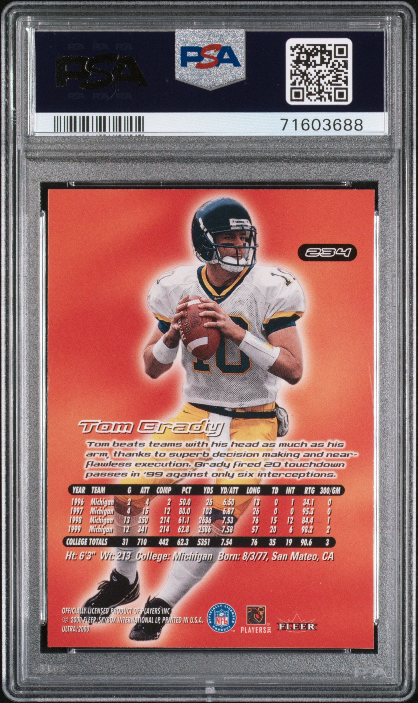 2000 Fleer Ultra Tom Brady Rookie PSA 9