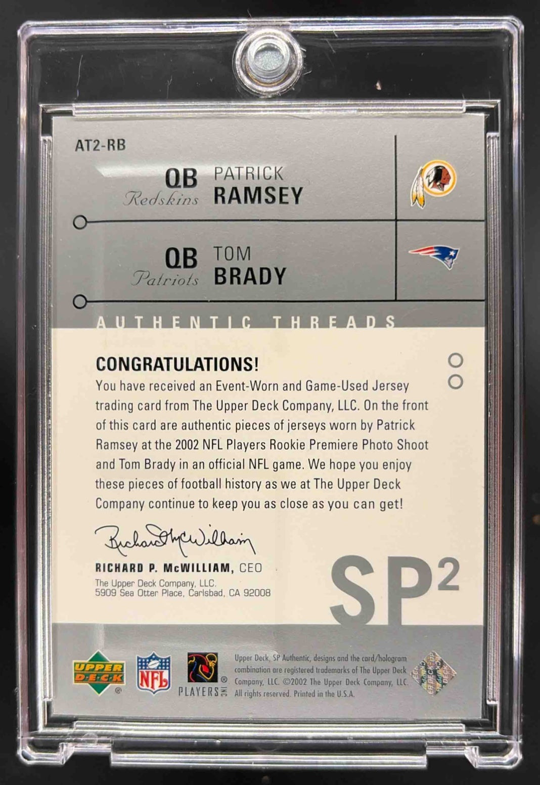 2002 SP Authentic Patrick Ramsey Tom Brady #AT2-RB Threads Double