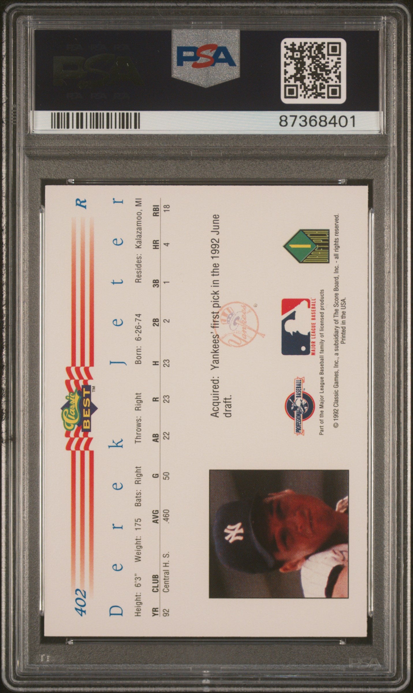 1992 Classic Best Derek Jeter PSA 10