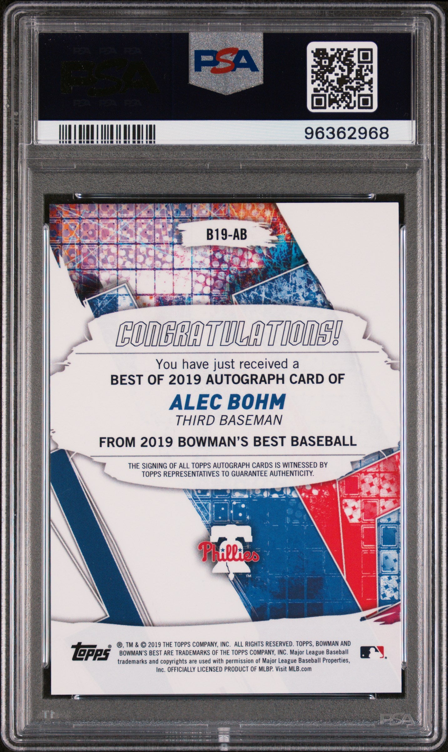 2019 Bowman's Best Alec Bohm Green Refractor Auto 82/99 PSA 10