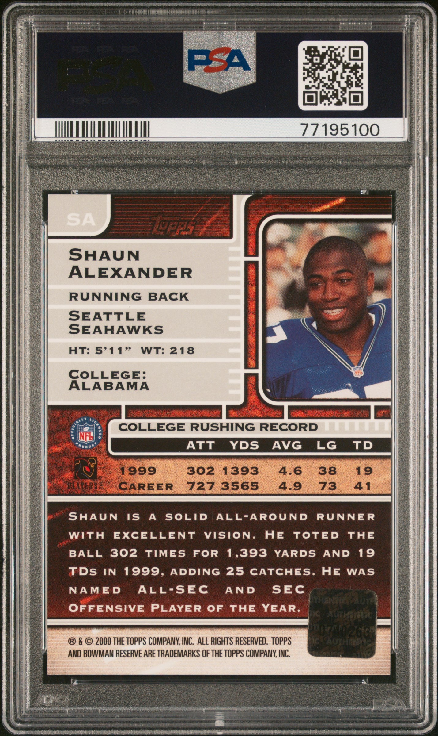 2000 Bowman Reserve Shaun Alexander Auto PSA 9 RC