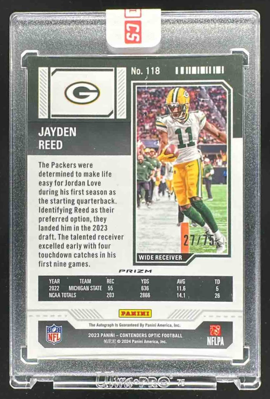 2023 Panini Contenders Optic Jayden Reed #118 Blue /75 Rookie Ticket RPS Auto RC