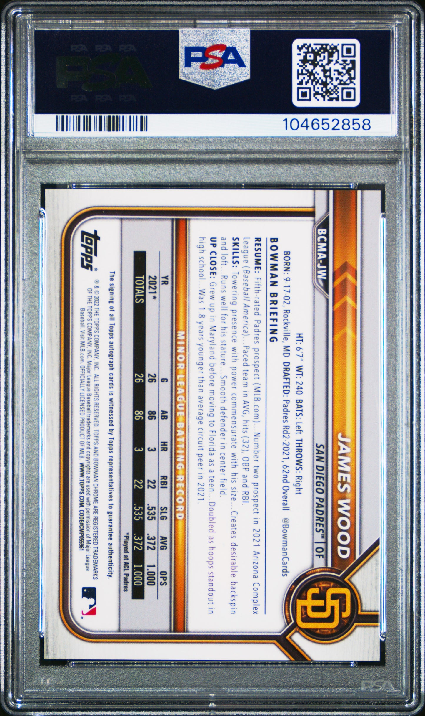 2022 Bowman Chrome James Wood Mega Box Auto PSA 10
