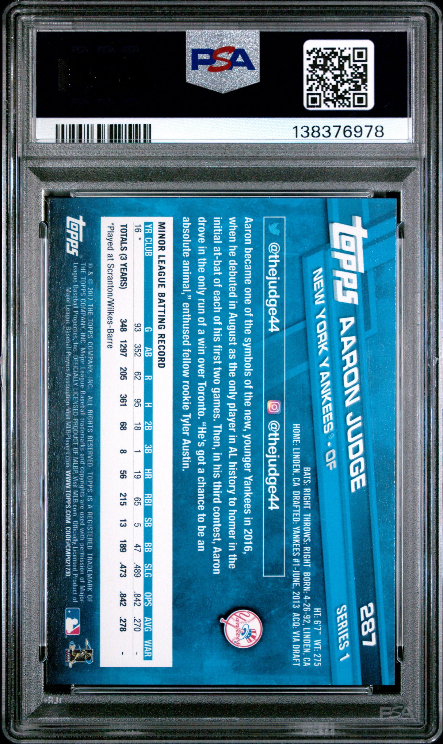 2017 Topps Aaron Judge Rookie #287 PSA 9