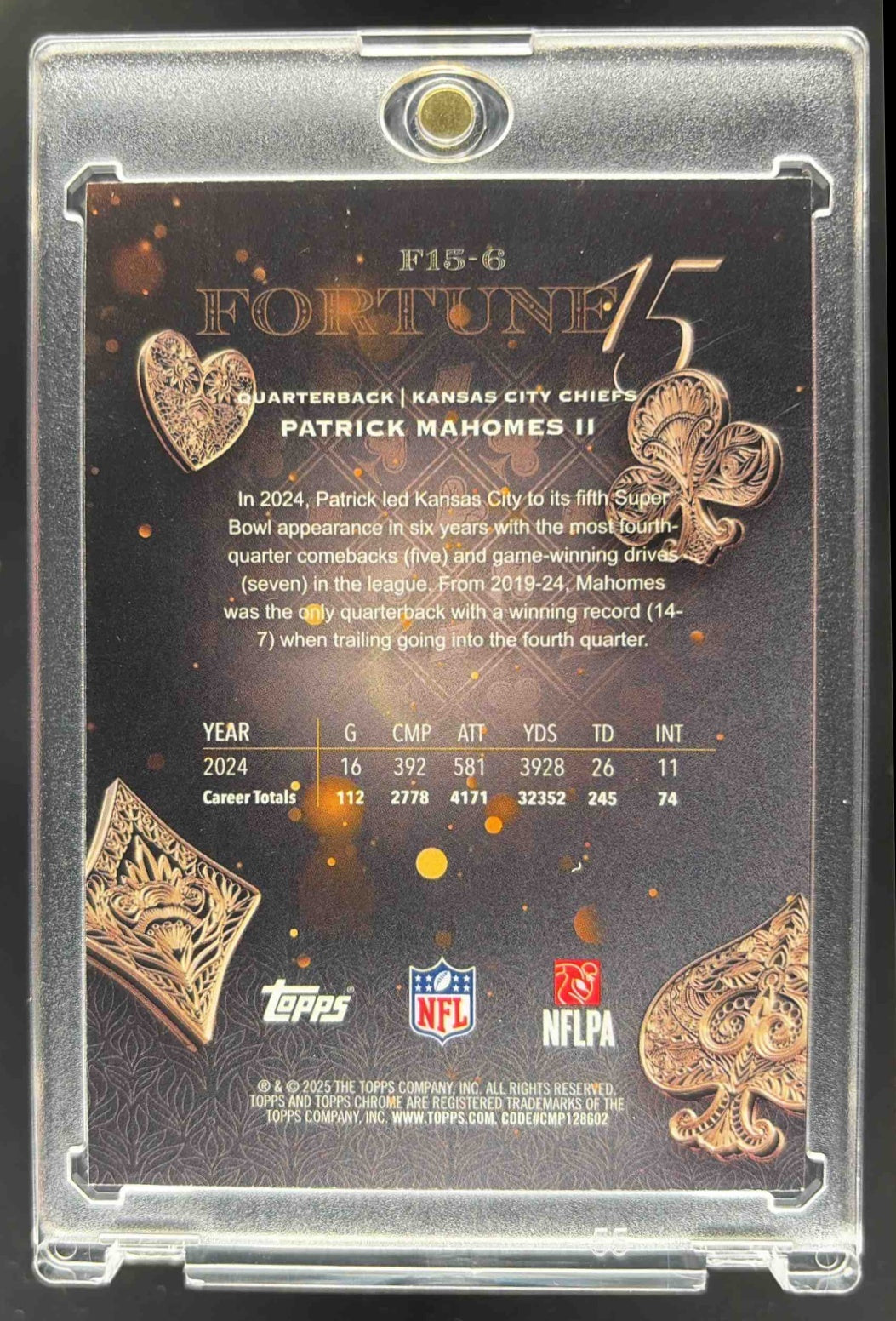 2025 Topps Chrome Patrick Mahomes II #F15-6 Fortune 15 Aqua Refractor /199