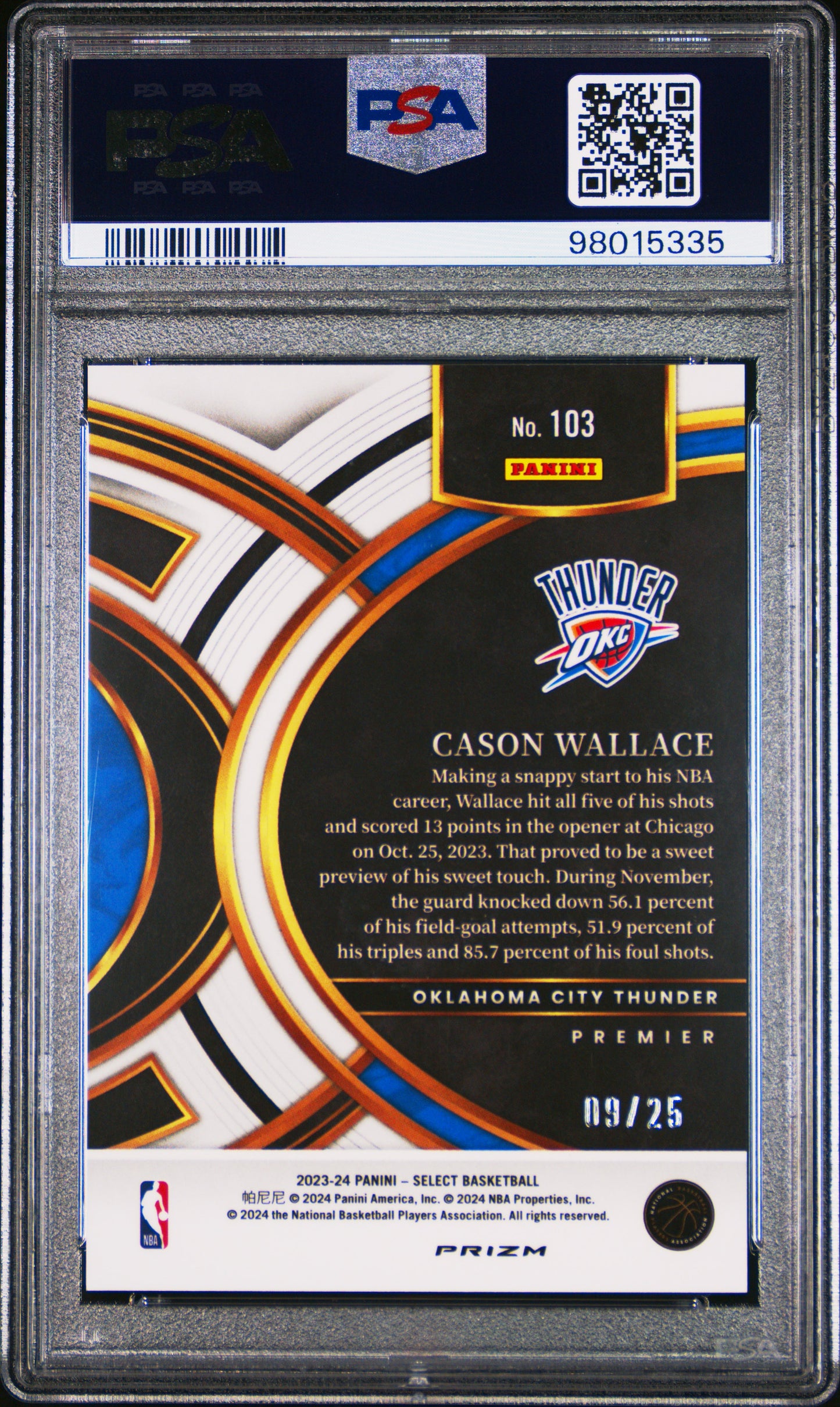 2023 Select Cason Wallace Blue Disco 09/25 PSA 10 RC