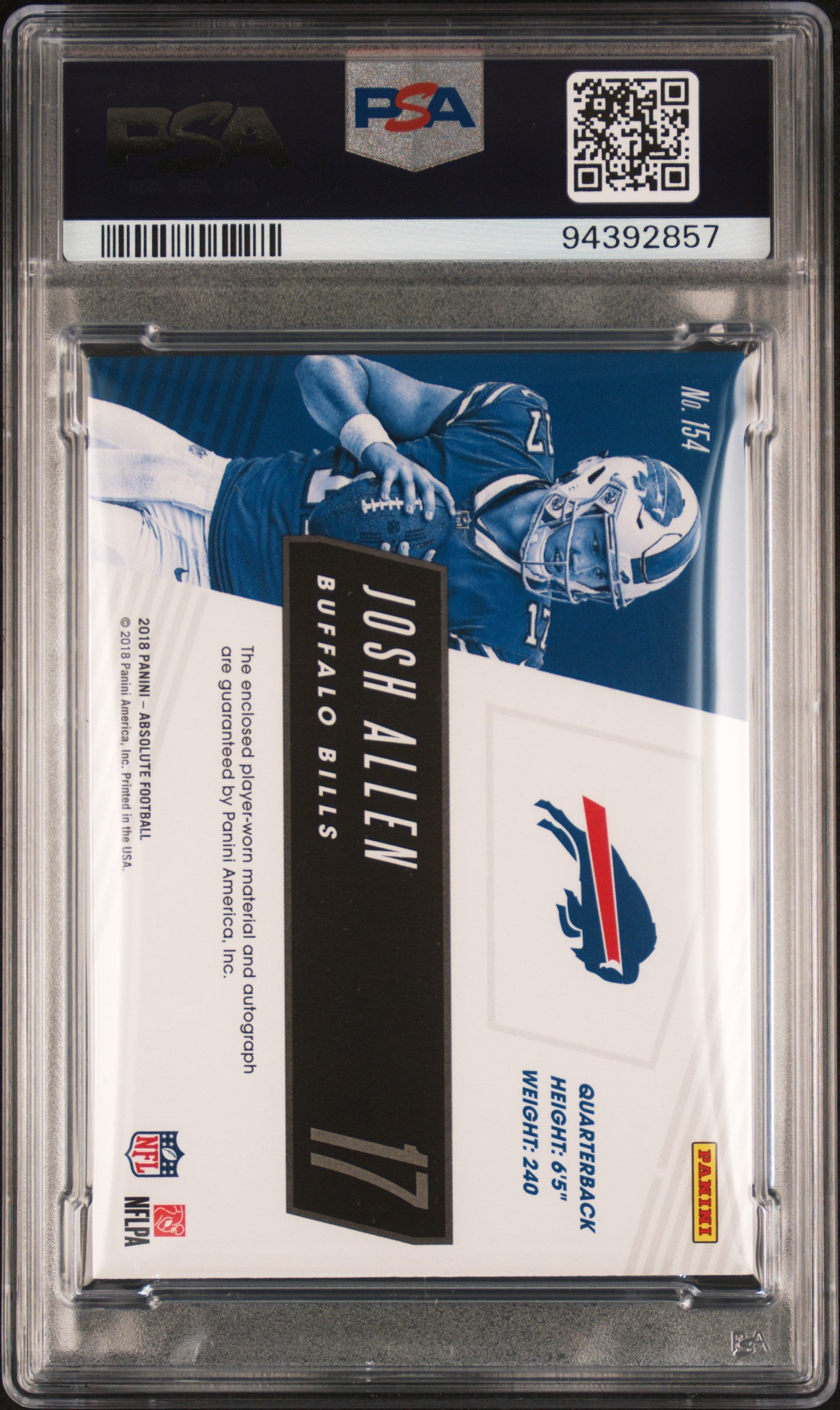 2018 Absolute Josh Allen Material Auto Triple 210/365 PSA 8 RC