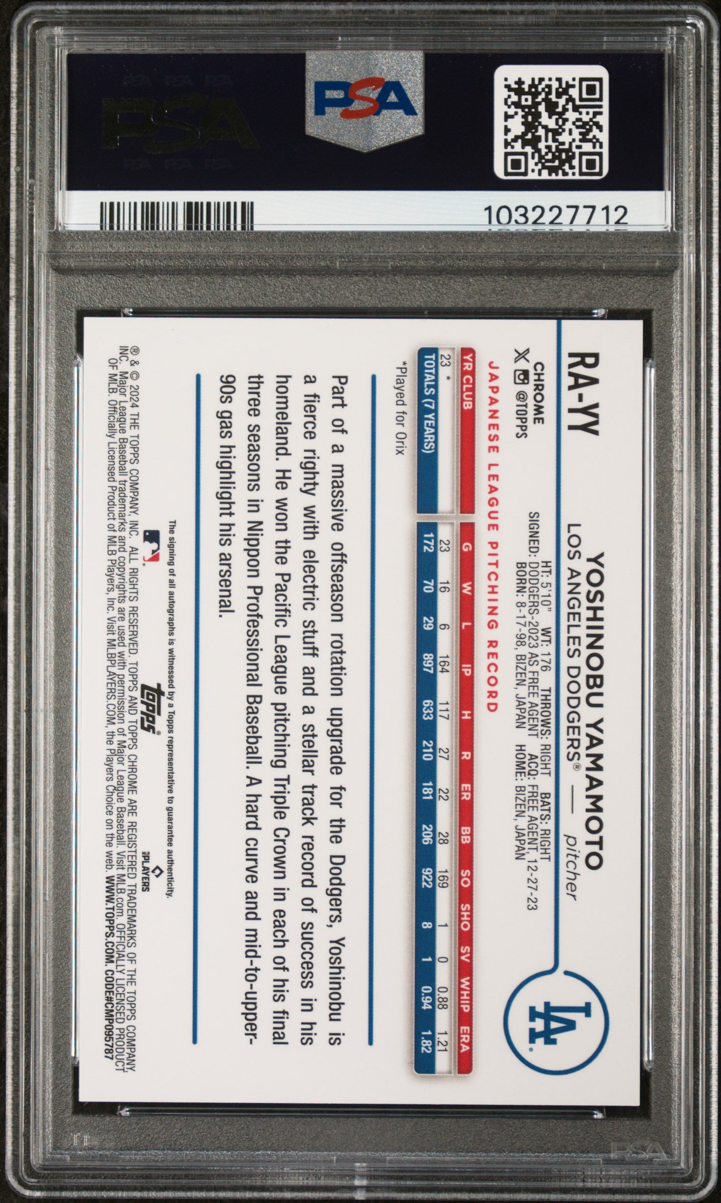 2024 Topps Chrome Yoshinobu Yamamoto Update Rookie Auto /299 PSA 10