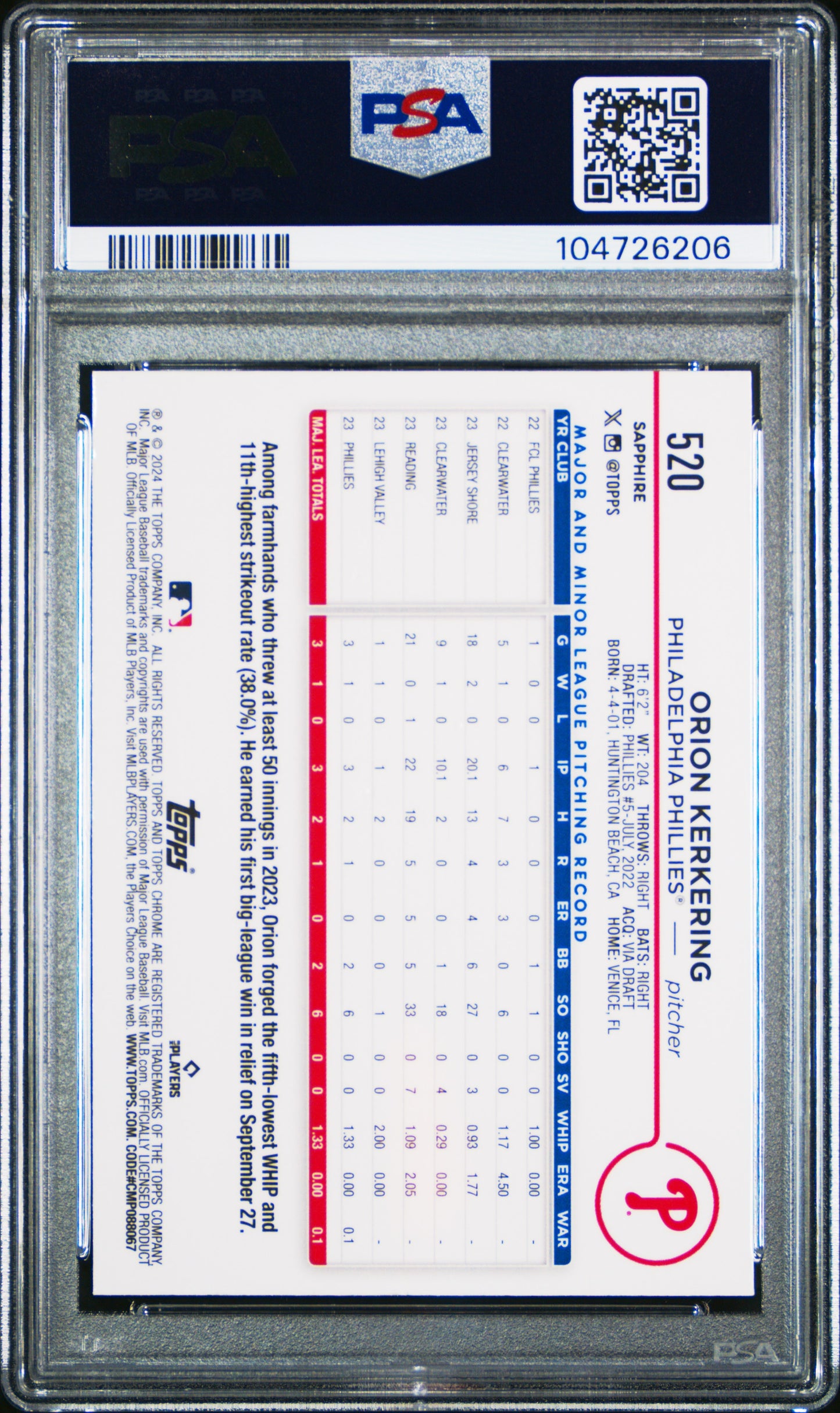 2024 Topps Chrome Sapphire Orion Kerkering Gold 40/50 PSA 10 RC