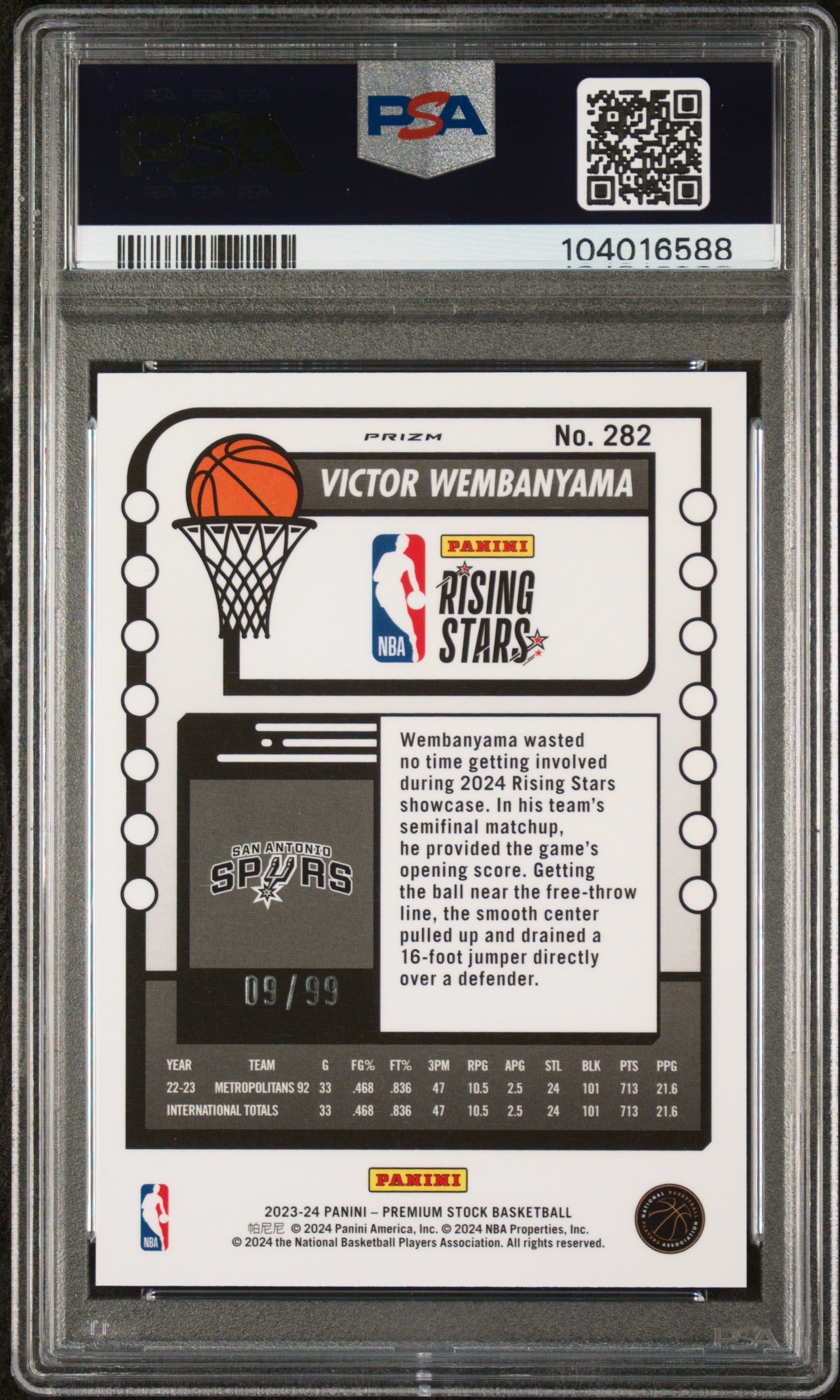 2023 Hoops Premium Stock Victor Wembanyama Red Ice Prizm 09/99 PSA 9 RC
